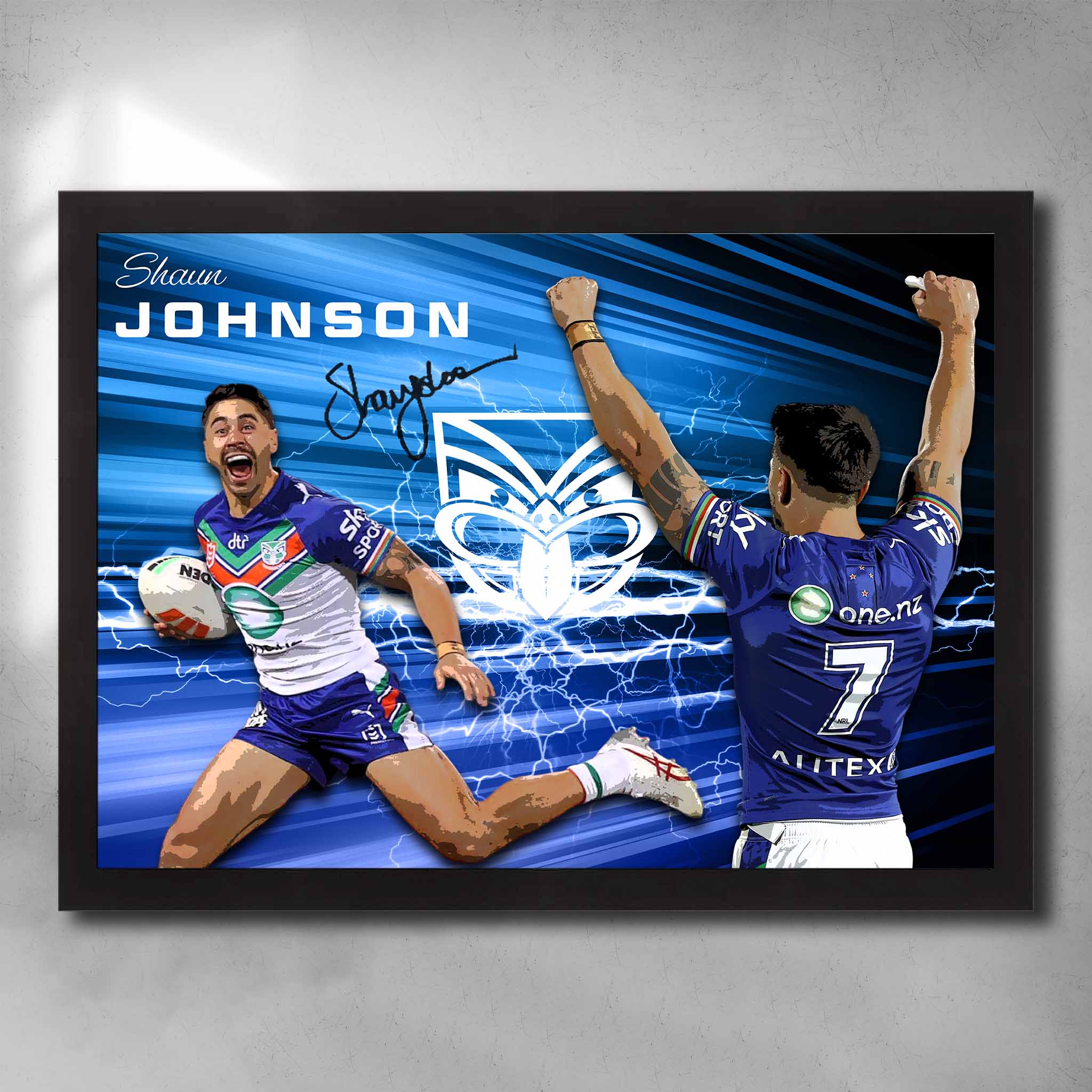 Black framed NRL art featuring a signed print of Shaun Johnson from the New Zealand Warriors - Artwork by Sports Cave.