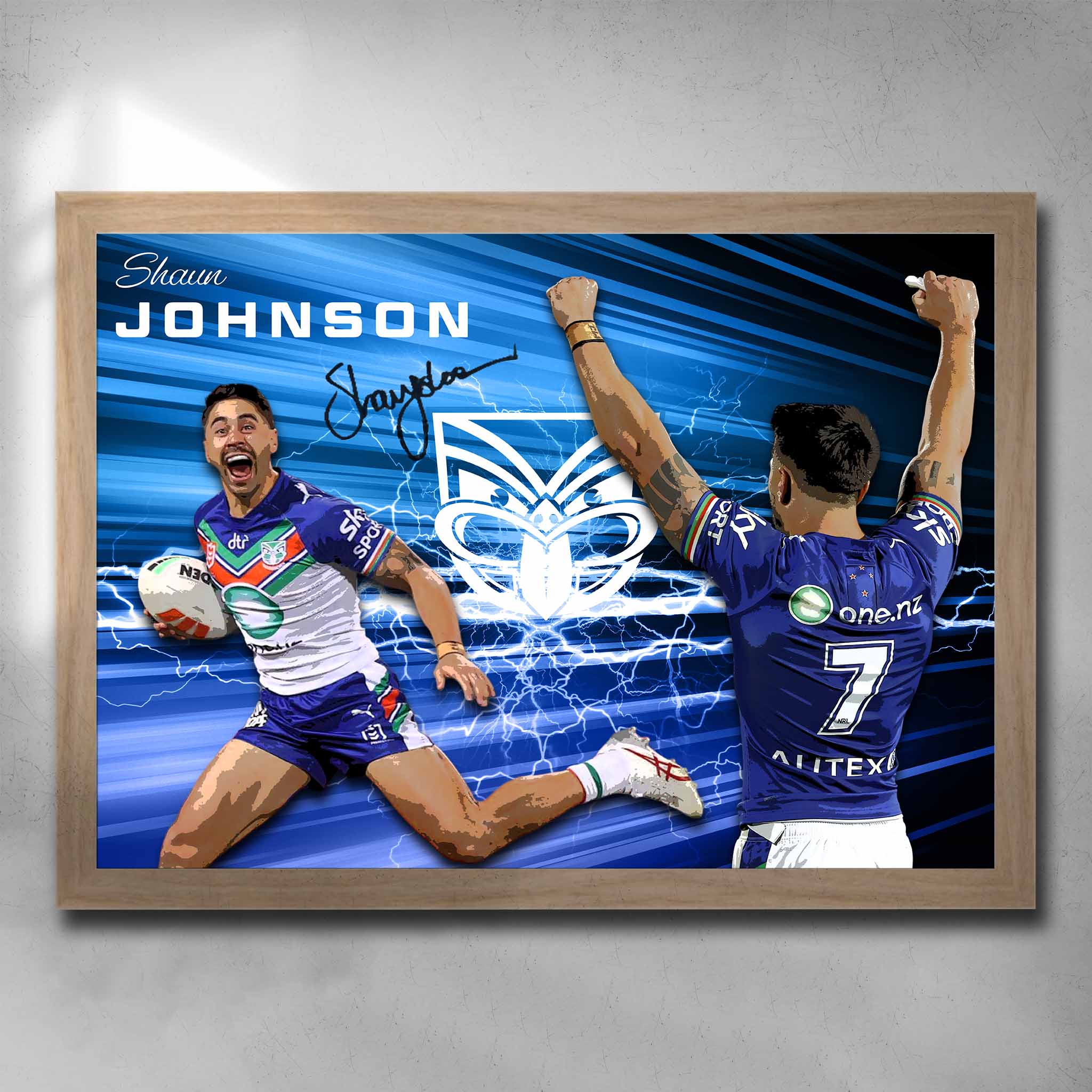 Rustic oak framed NRL art featuring a signed print of Shaun Johnson from the New Zealand Warriors - Artwork by Sports Cave.