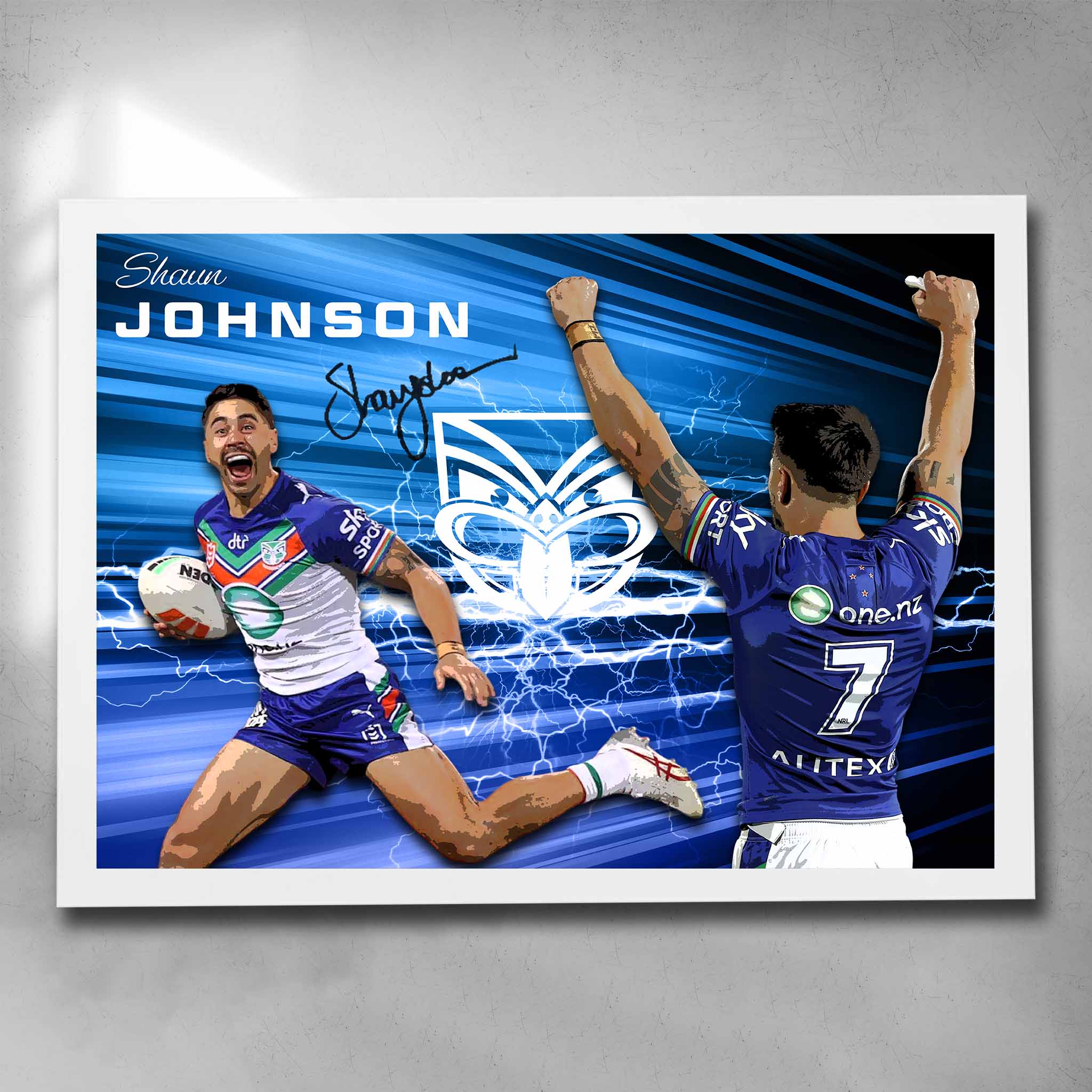 Elegant white framed NRL art featuring a signed print of Shaun Johnson from the New Zealand Warriors - Artwork by Sports Cave.