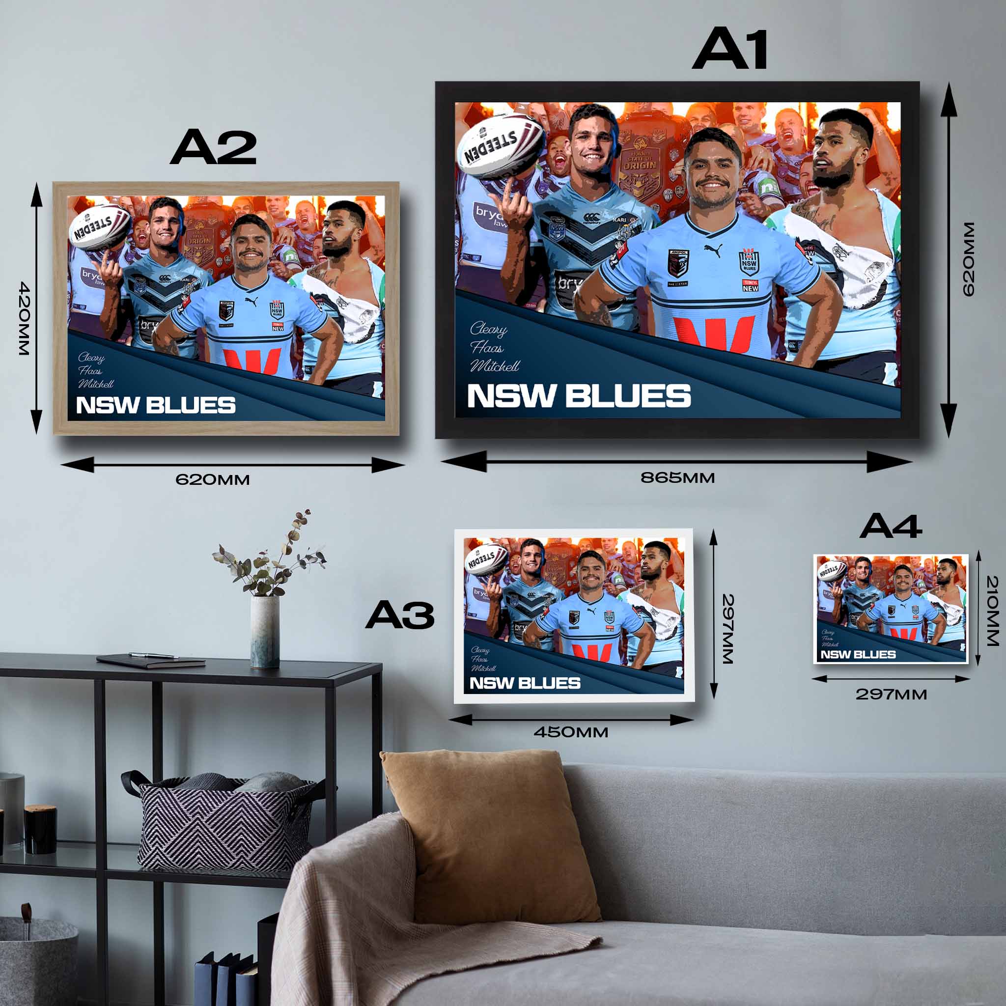 Visual representation of NSW Blues framed art size options, ranging from A4 to A2, for selecting the right size for your space.