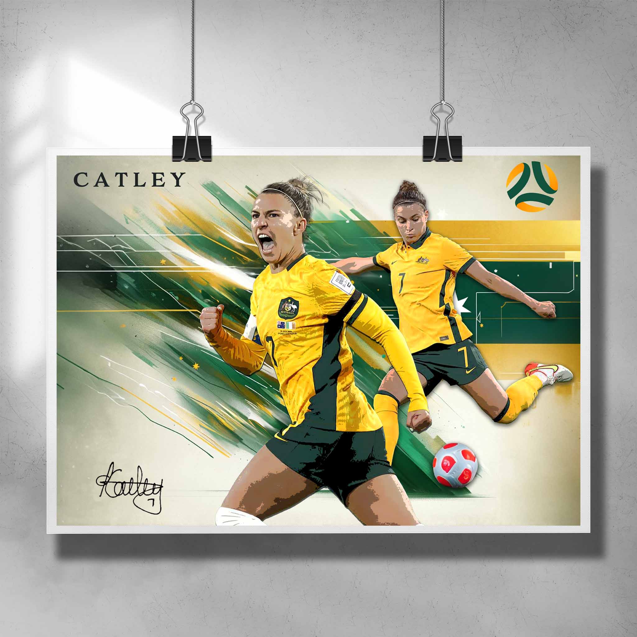 Unique soccer poster by Sports Cave, featuring women's soccer player from the Matilda's, Steph Catley.