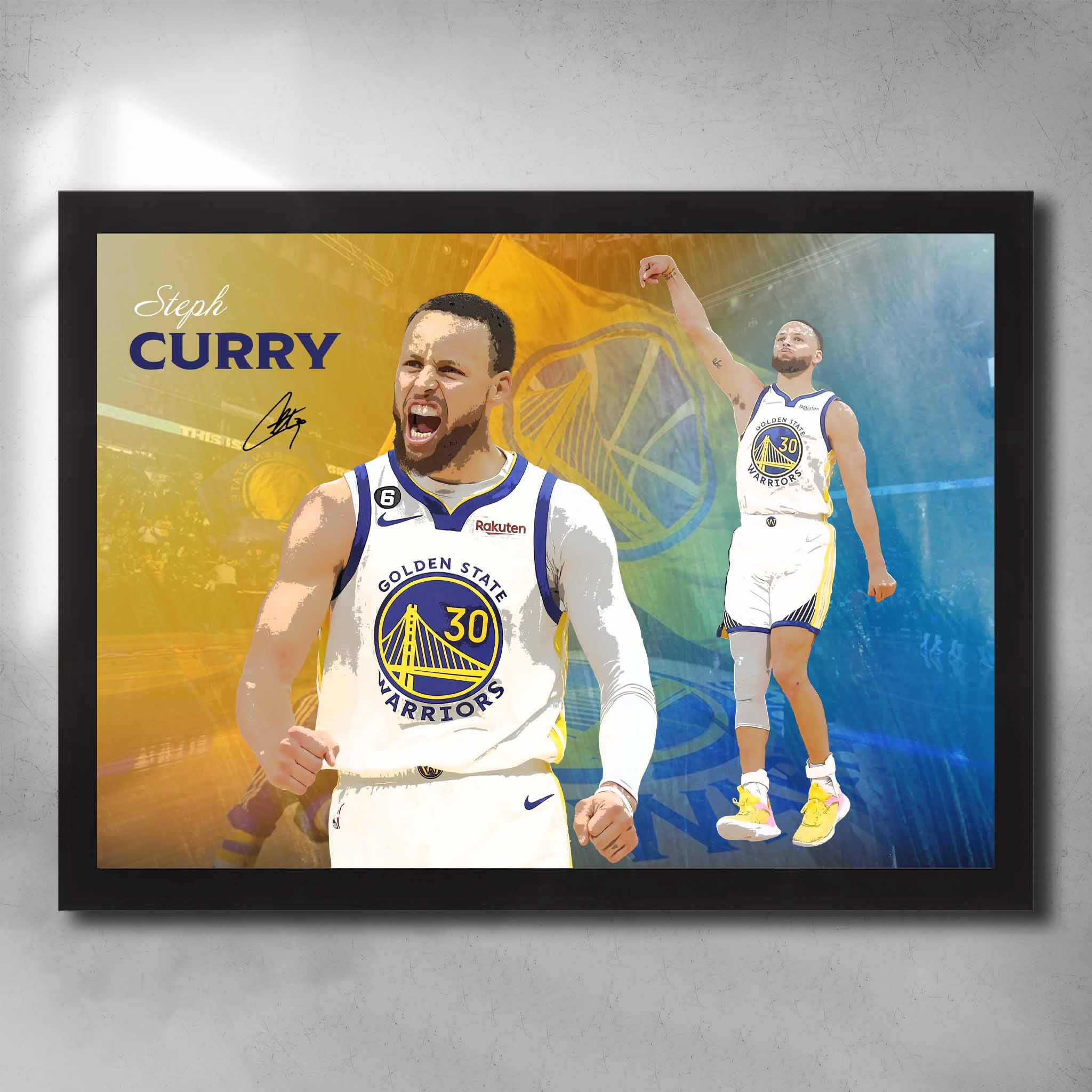 Framed Stephen Curry wall art featuring Warriors jersey, action pose, and vibrant blue and gold team colors in dynamic design.