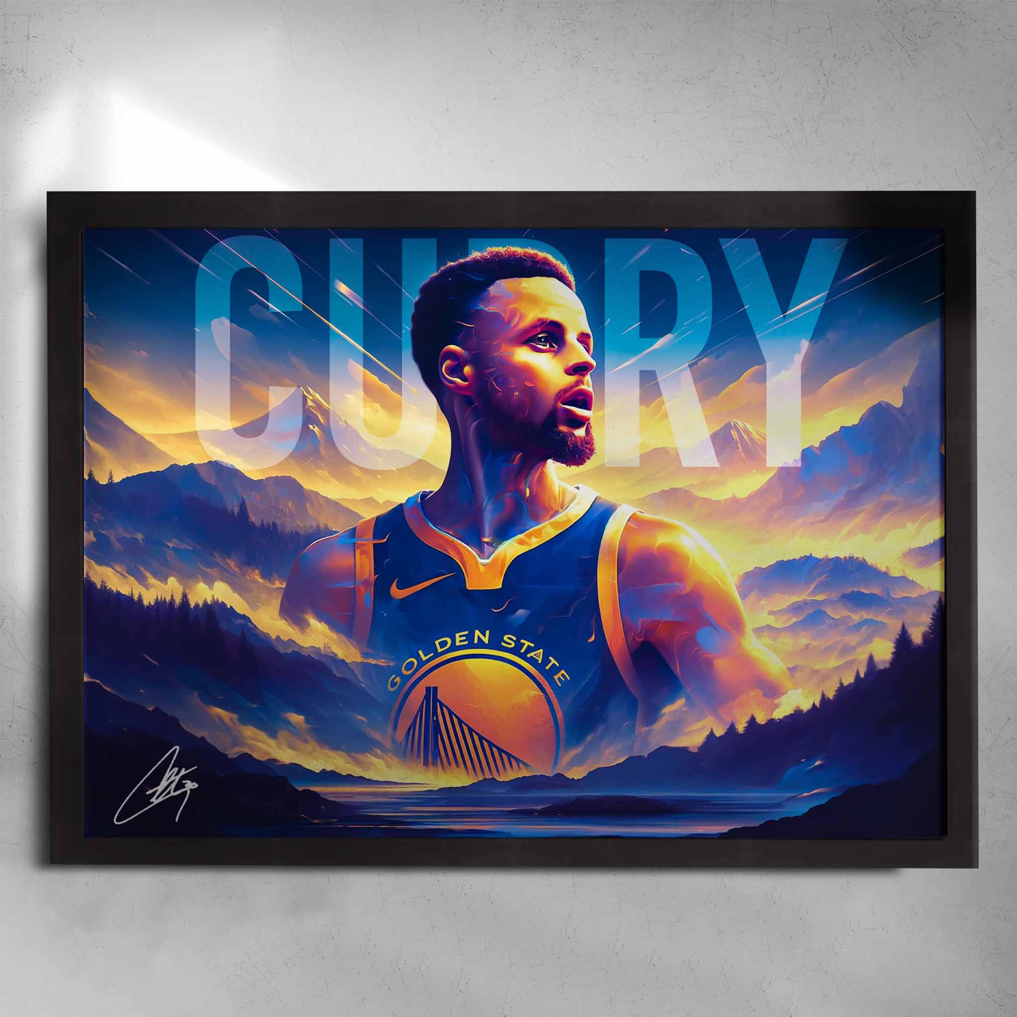 Framed Stephen Curry Golden State Warriors wall art featuring a glowing portrait against mountain and sky backdrop.