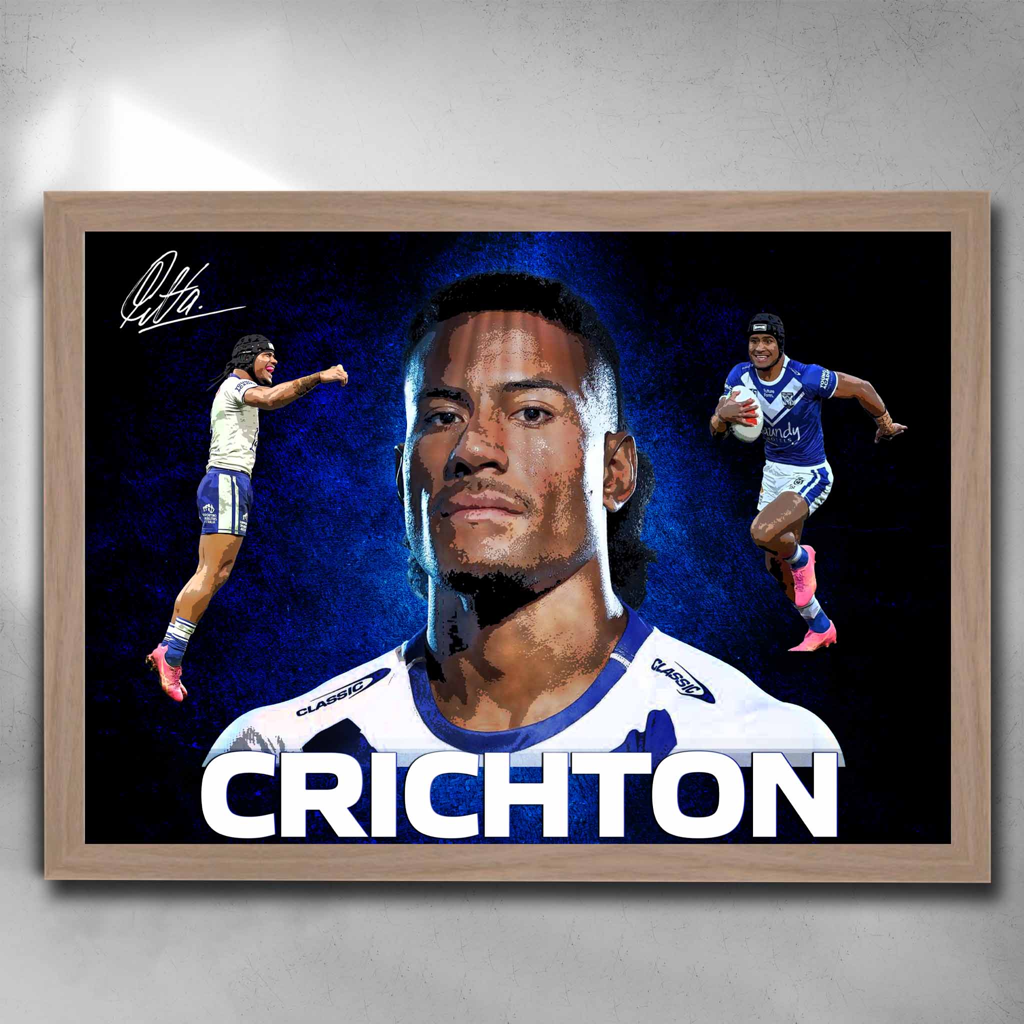 Oak framed Stephen Crichton Canterbury Bulldogs NRL Art by Sports Cave.