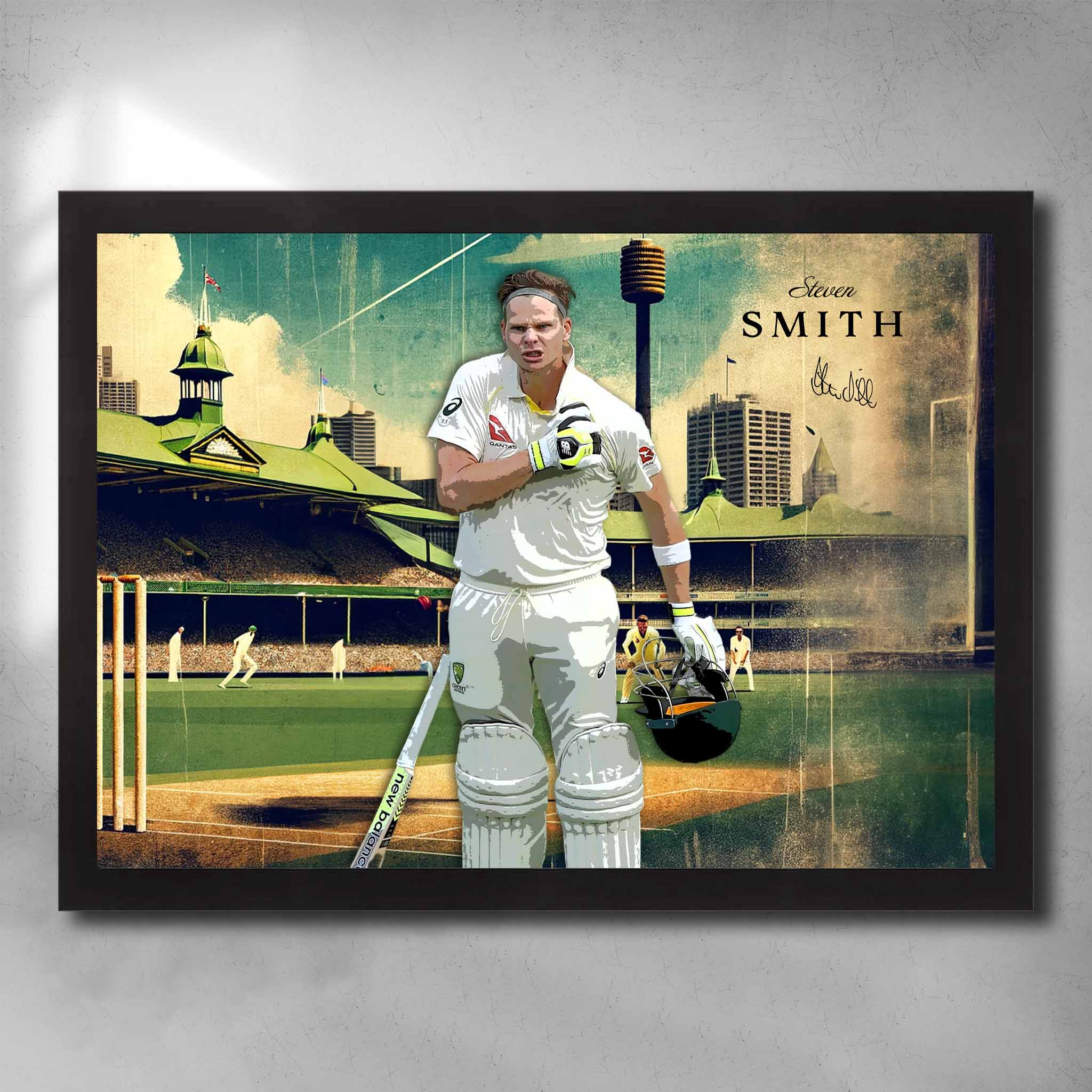Framed Steve Smith cricket wall art featuring SCG background, Australia Test kit, and Smith acknowledging the crowd post-innings.