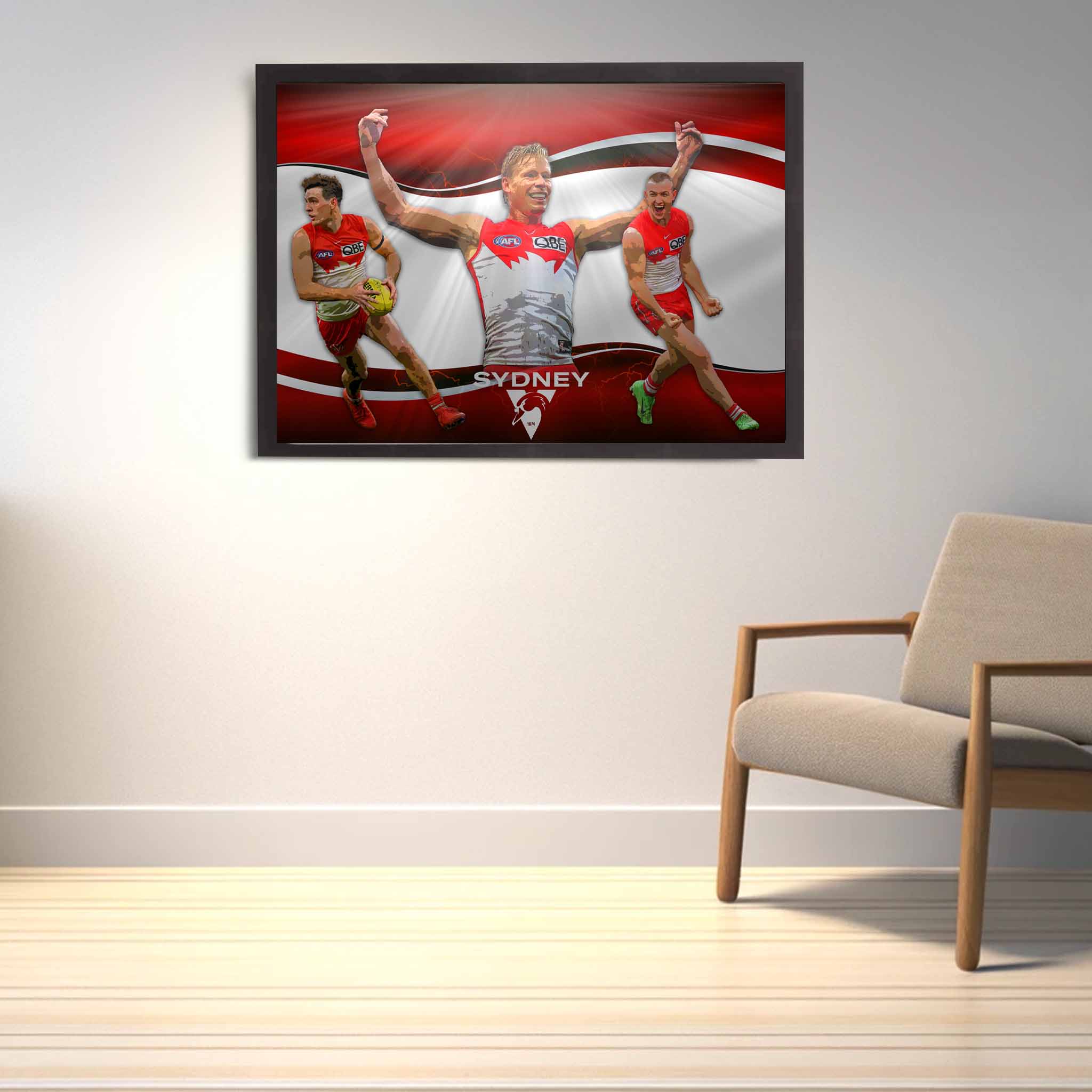 Sydney Swans supporter with home decor Swans Poster on display.