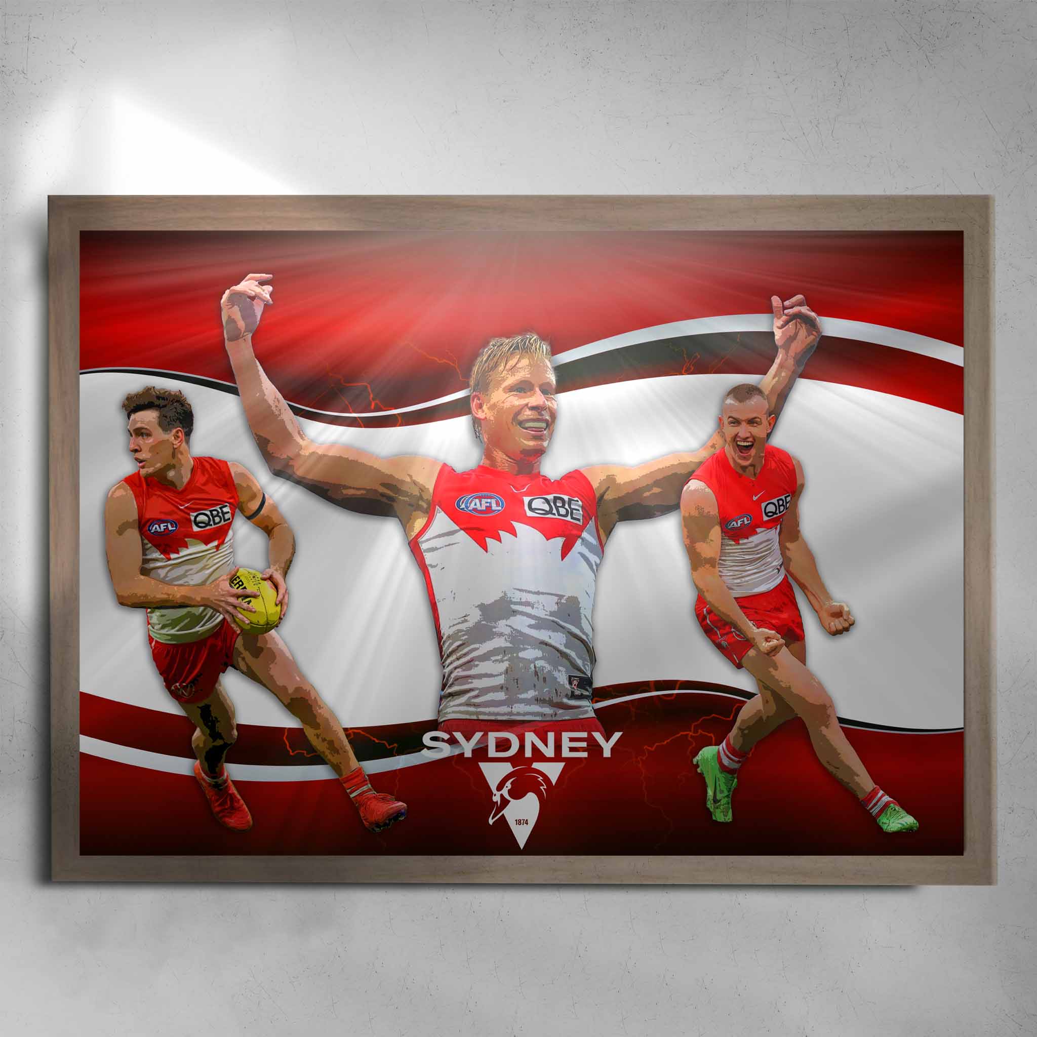 Oak framed Sydney Swans Poster by Sports Cave, featuring Errol Gulden, Isaac Heeney & Chad Warner.