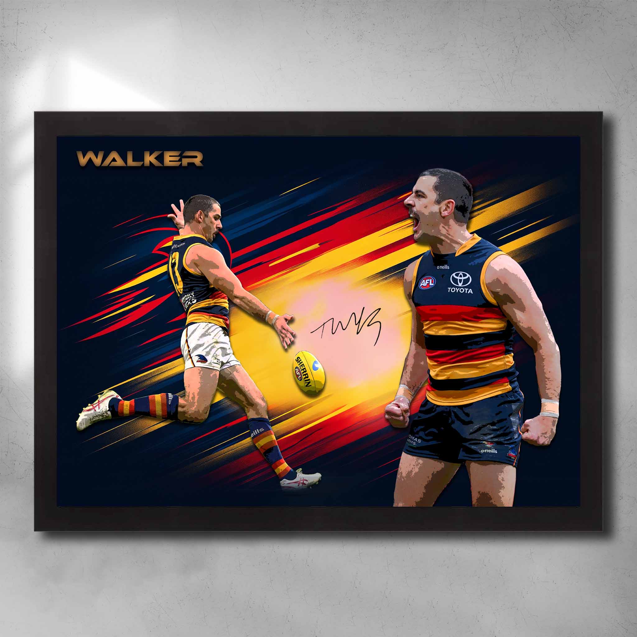 Black framed AFL art by Sports Cave, featuring Taylor Walker from the Adelaide Crows.