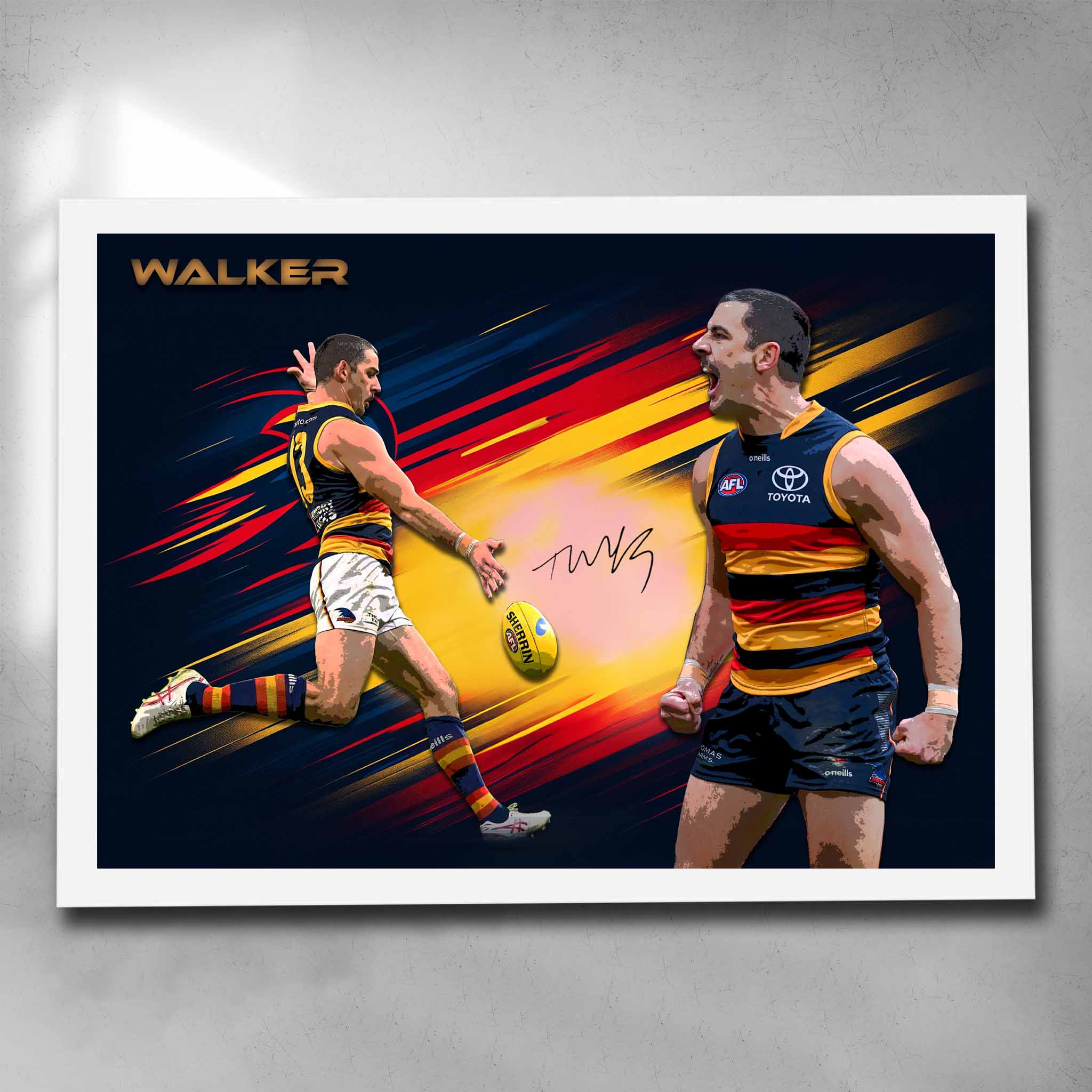 White framed AFL art by Sports Cave, featuring Taylor Walker from the Adelaide Crows.