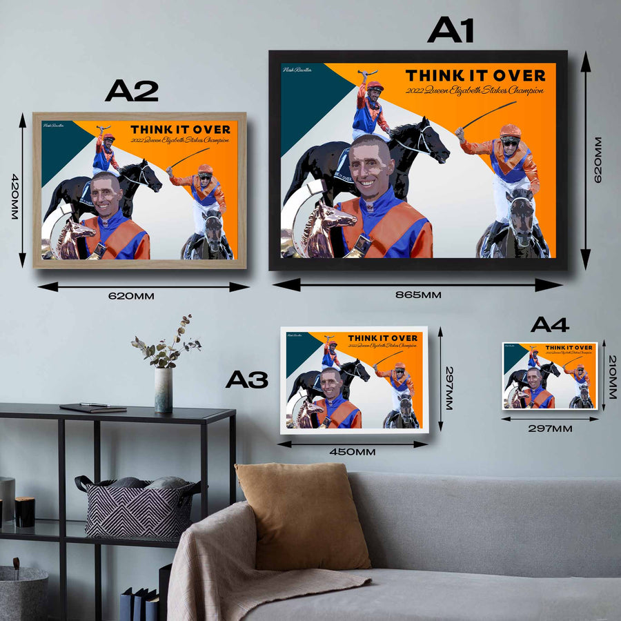 Visual representation of Think it Over framed art size options, ranging from S - 21 × 30 cm (8.3 × 11.8 in) to L - 45 × 62 cm (17.7 × 24.4 in), for selecting the right size for your space.
