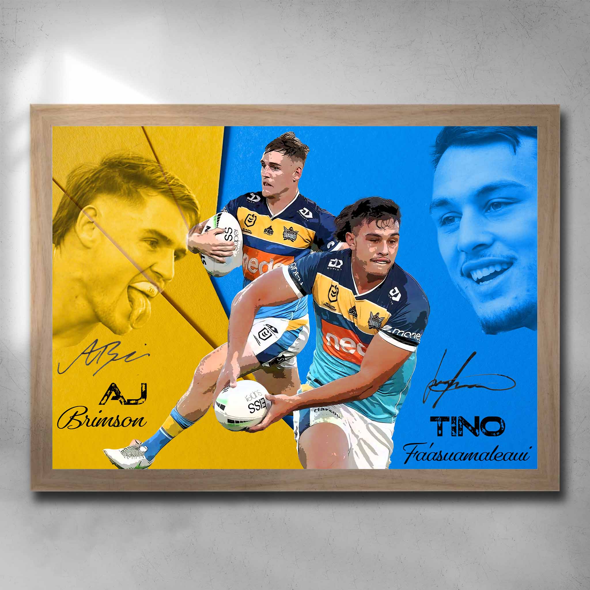 Oak framed NRL art featuring AJ Brimson and Tino Faasuamaleauli from the Gold Coast Tians - Artwork by Sports Cave.