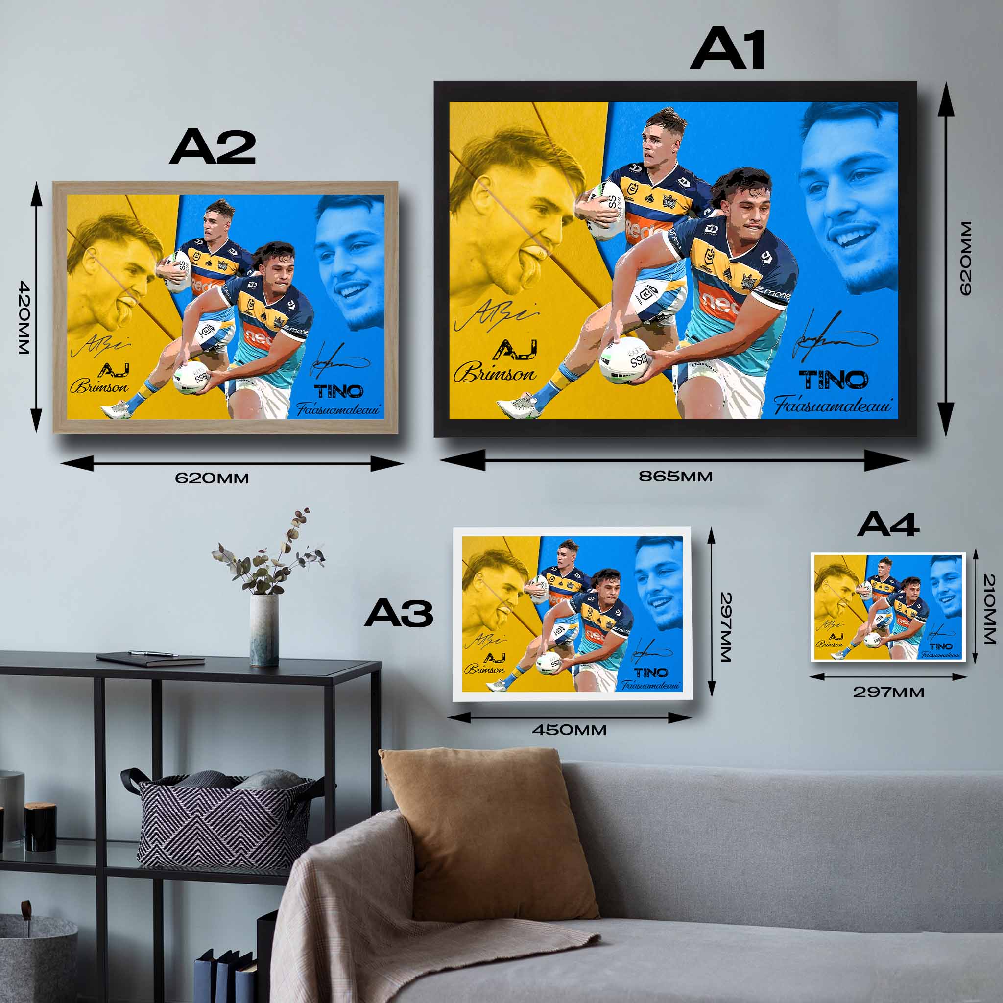 Visual representation of Tino & AJ framed art size options, ranging from A4 to A2, to assist selecting the right size for your space and preferences.