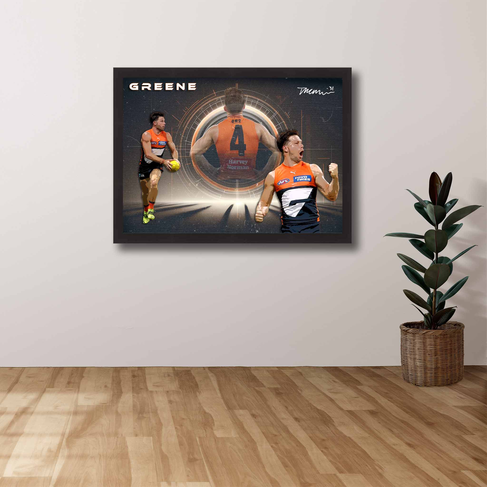 AFL Die-hard Supporters House, featuring a framed print of Toby Greene showcased on the wall.