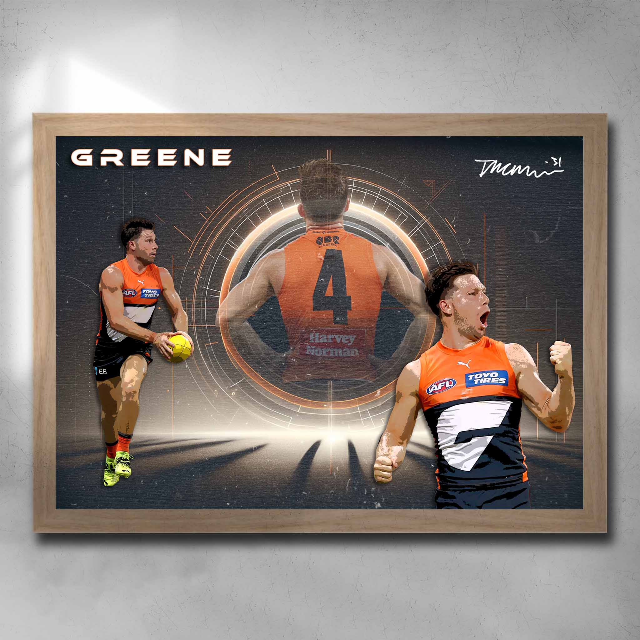 Oak framed AFL art by Sports Cave, featuring Toby Greene from the GWS Giants.