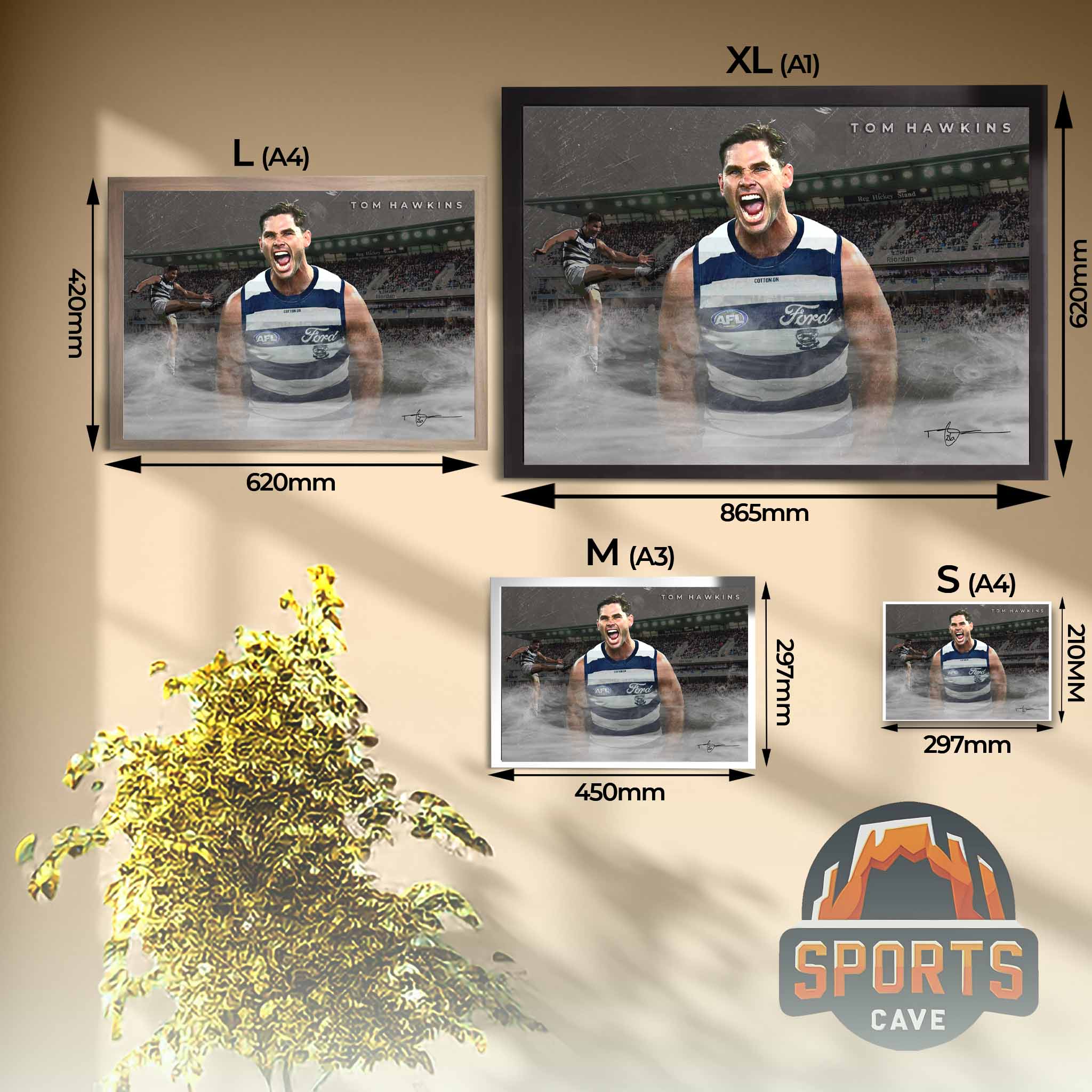 Visual representation of Tom Hawkins framed art size options, ranging from A4 to A2, for selecting the right size for your space.