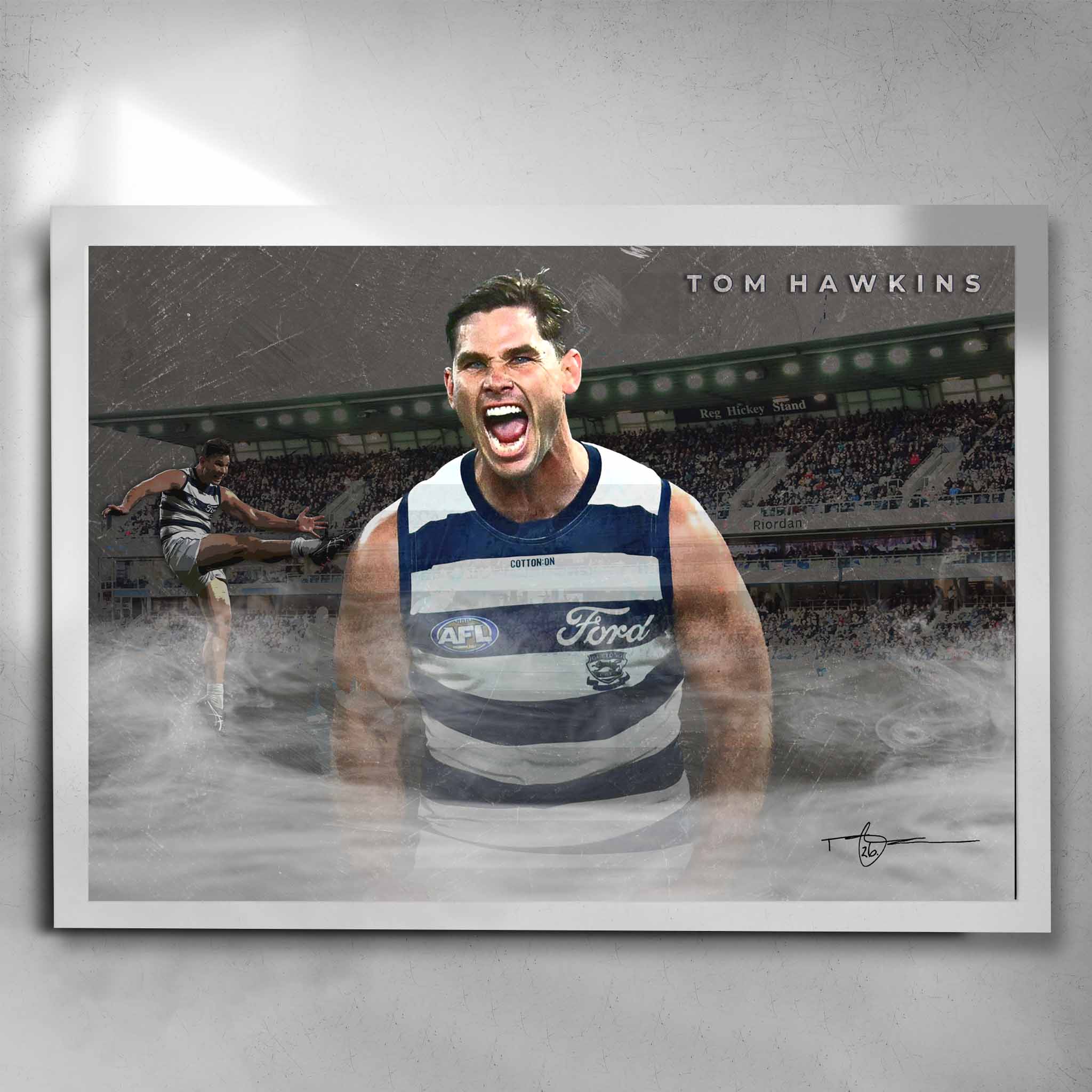 White framed AFL art by Sports Cave, featuring Tom Hawkins from the Geelong Cats.