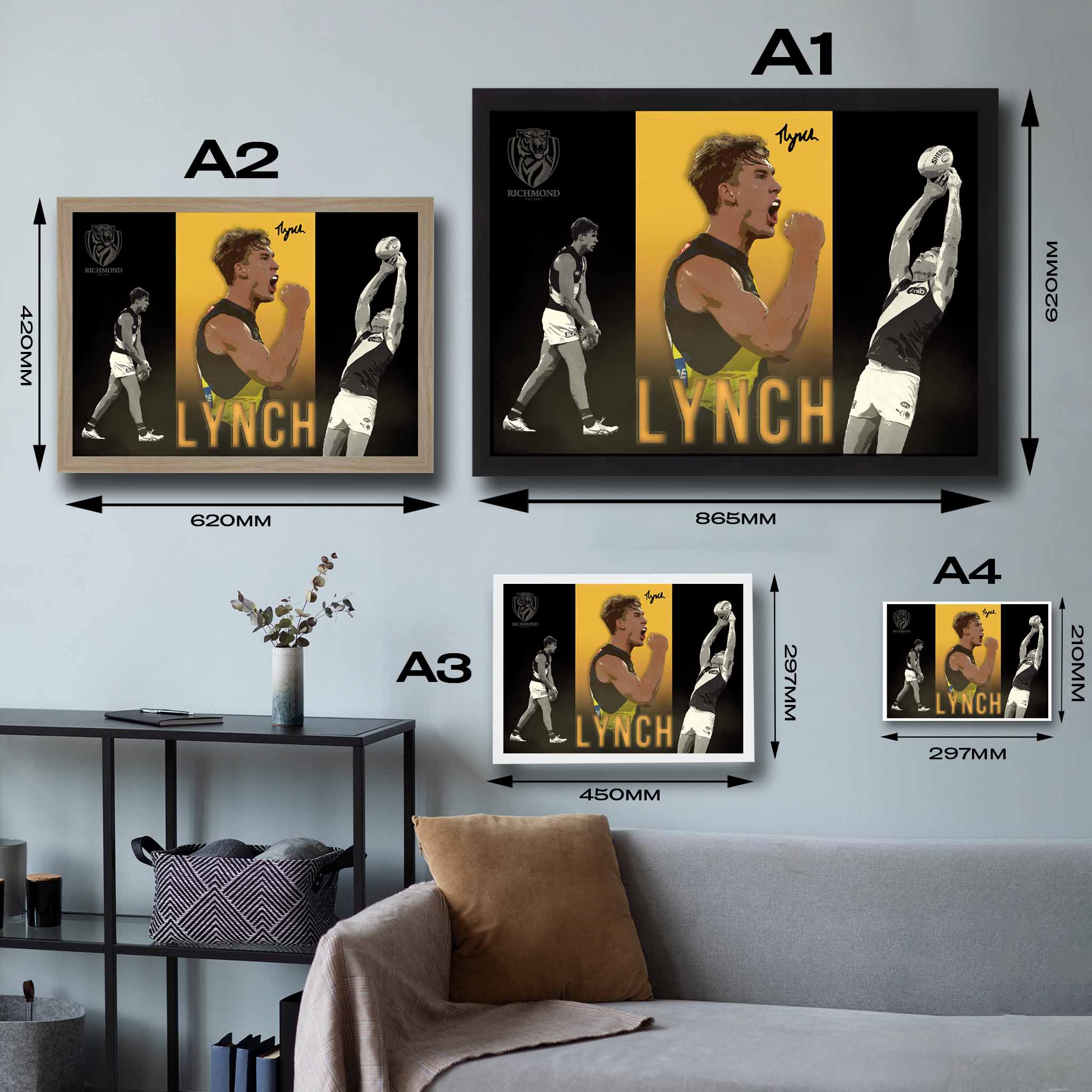 Visual representation of Tom Lynch framed art size options, ranging from A4 to A2, for selecting the right size for your space.