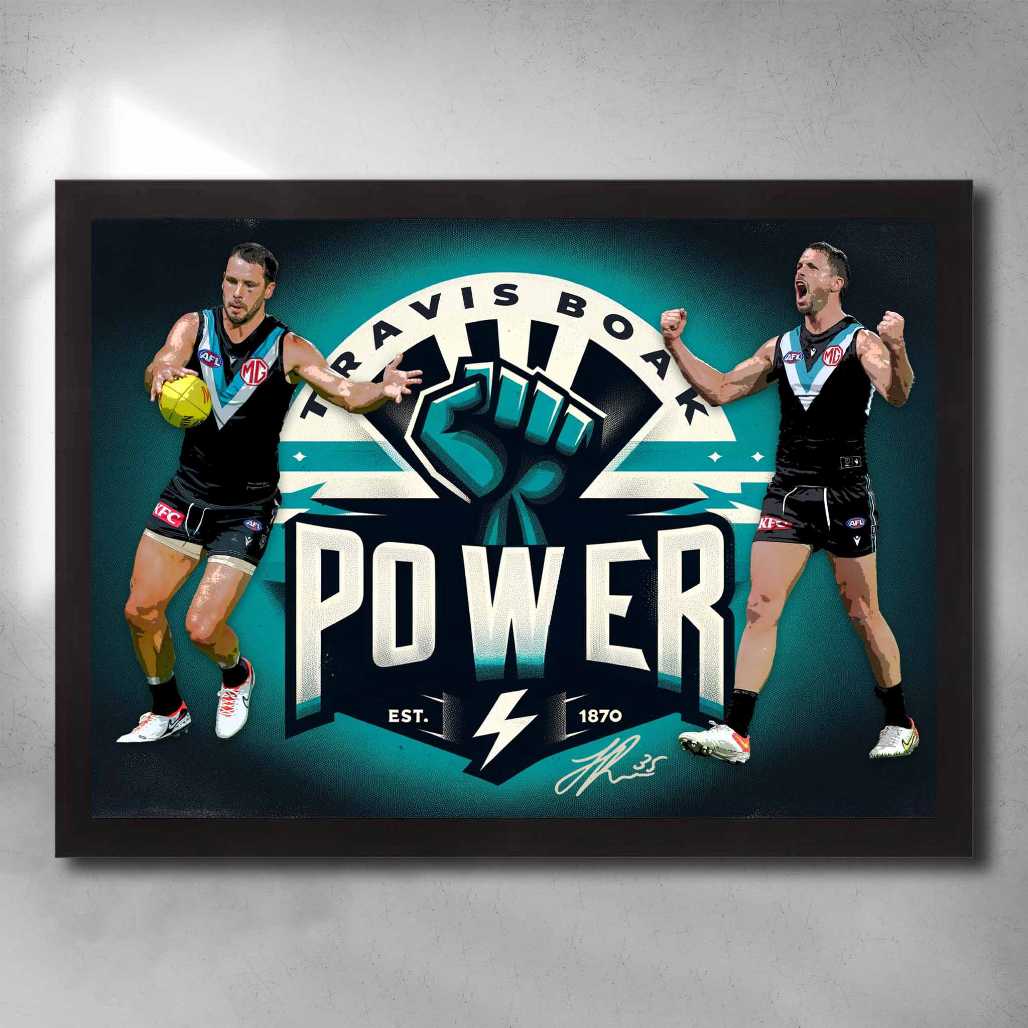 Black framed AFL art by Sports Cave, featuring Travis Boak from the Port Adelade Power.
