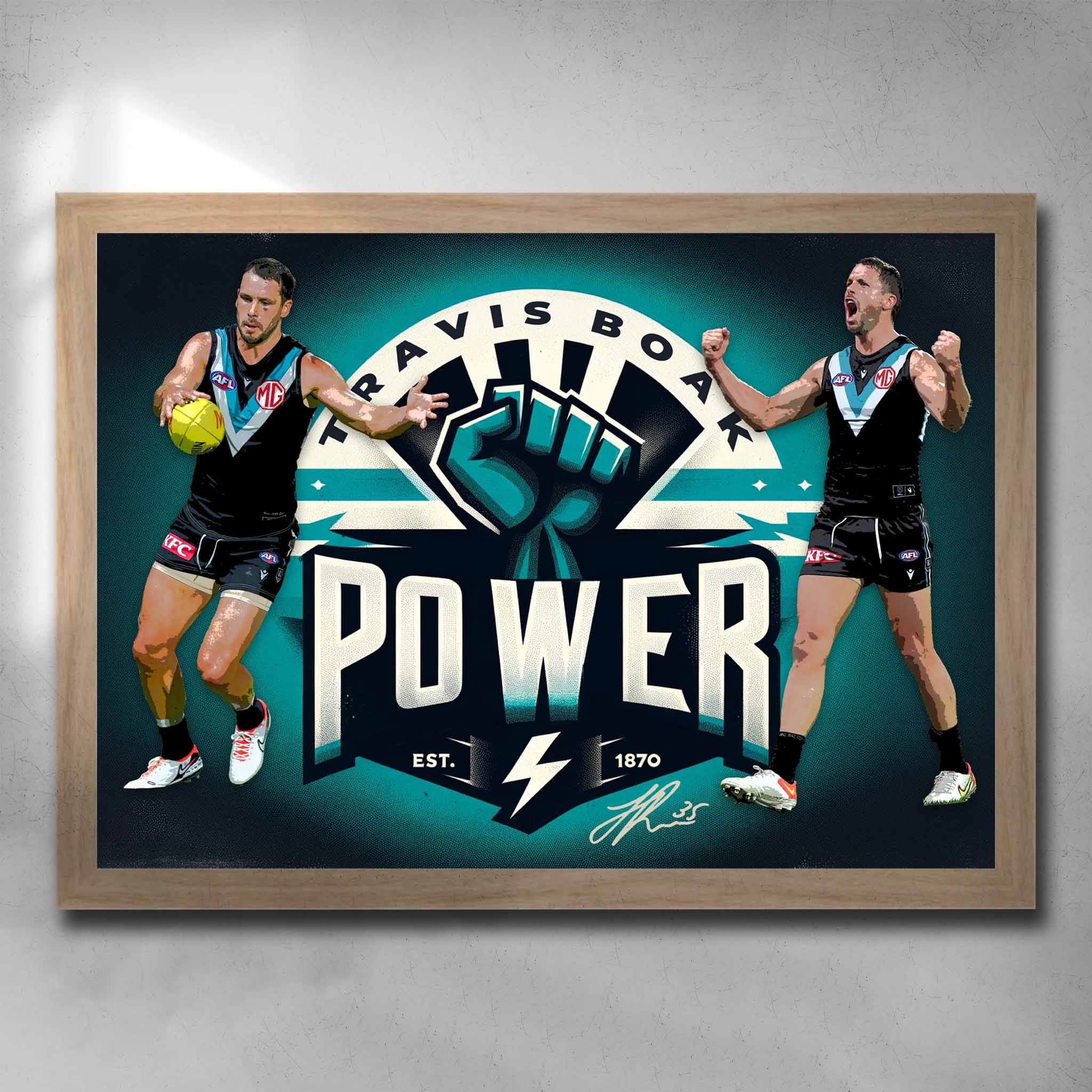 Oak framed AFL art by Sports Cave, featuring Travis Boak from the Port Adelade Power.