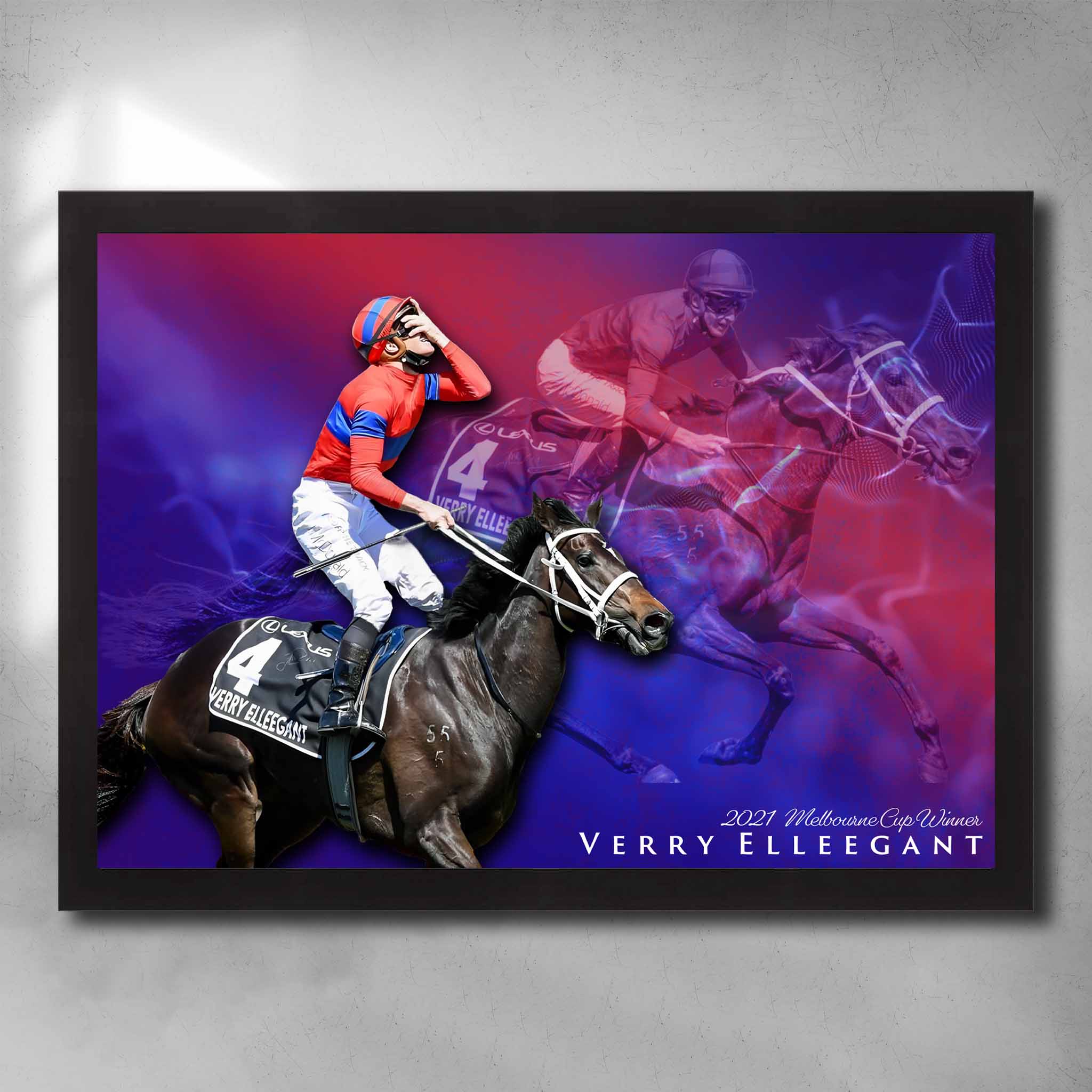 Framed Verry Elleegant 2021 Melbourne Cup wall art featuring jockey celebration and dynamic racehorse imagery in red and purple tones.