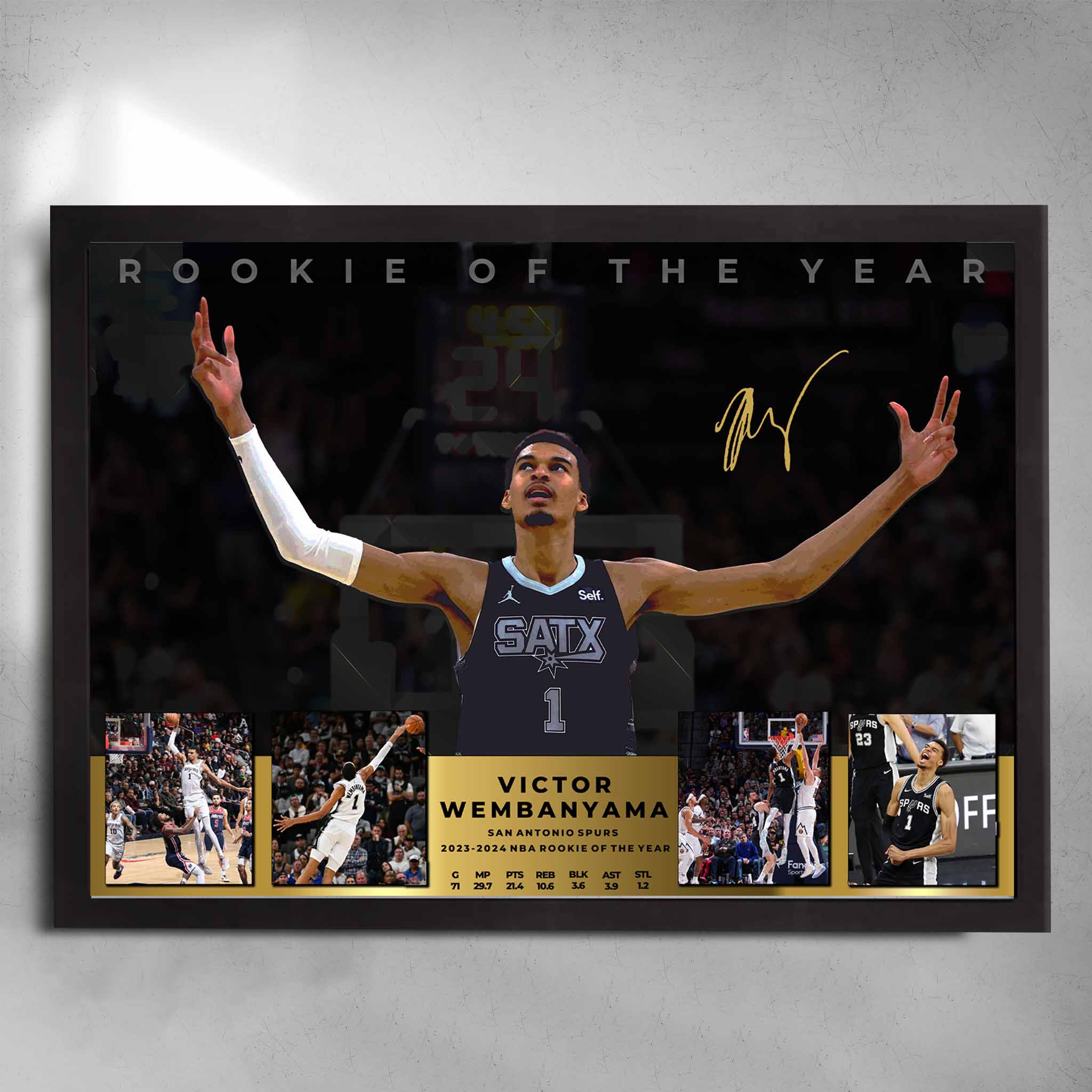 Framed Victor Wembanyama Rookie of the Year wall art featuring game highlights, Spurs jersey, and signature celebration.