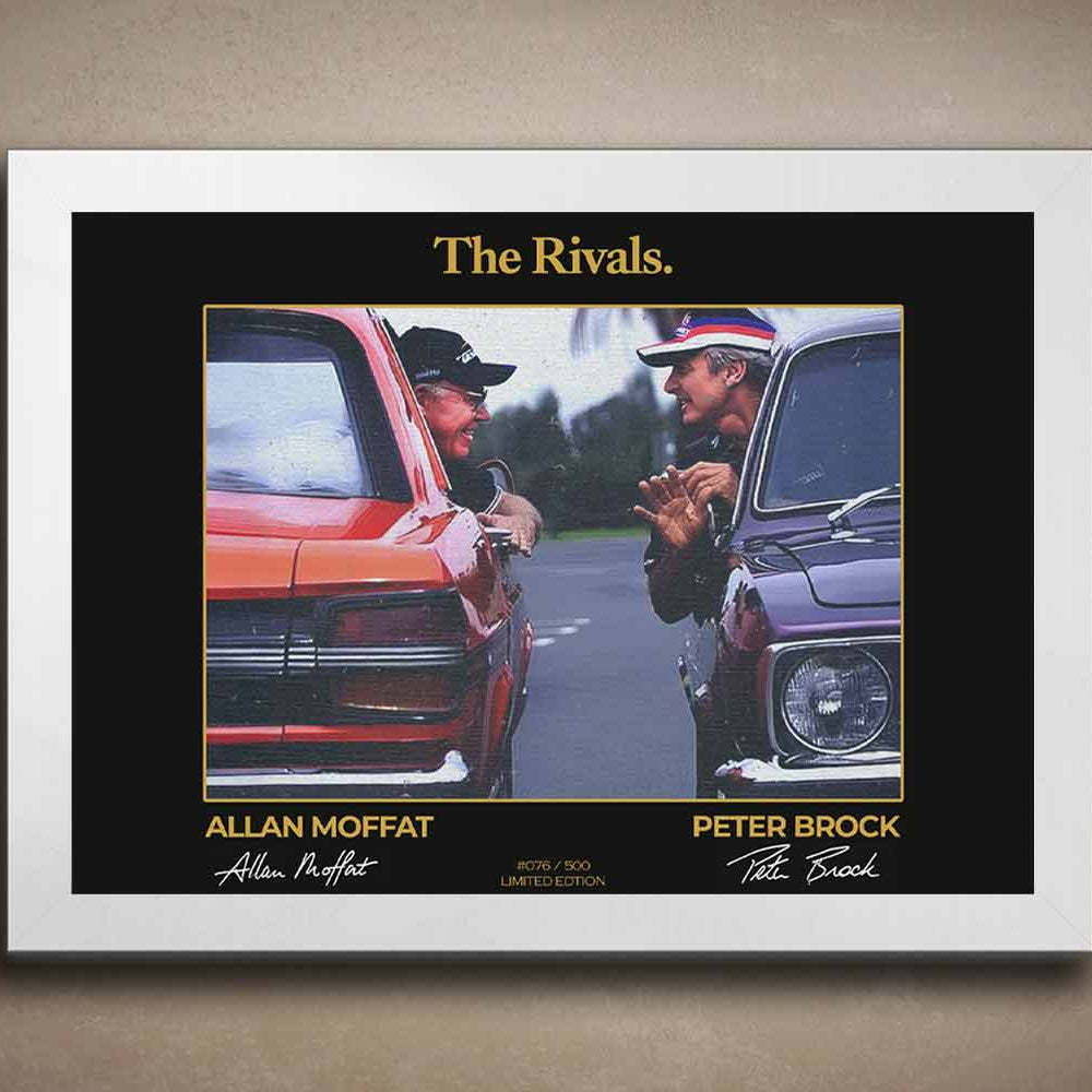 White framed limited edition wall art of Peter Brock and Allan Moffat titled "The Rivals", featuring classic Australian muscle cars with gold detailing, perfect for motorsport fans and collectors.
