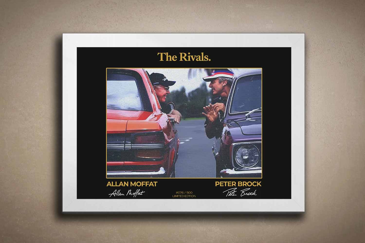 White framed limited edition wall art of Peter Brock and Allan Moffat titled "The Rivals", featuring classic Australian muscle cars with gold detailing, perfect for motorsport fans and collectors.