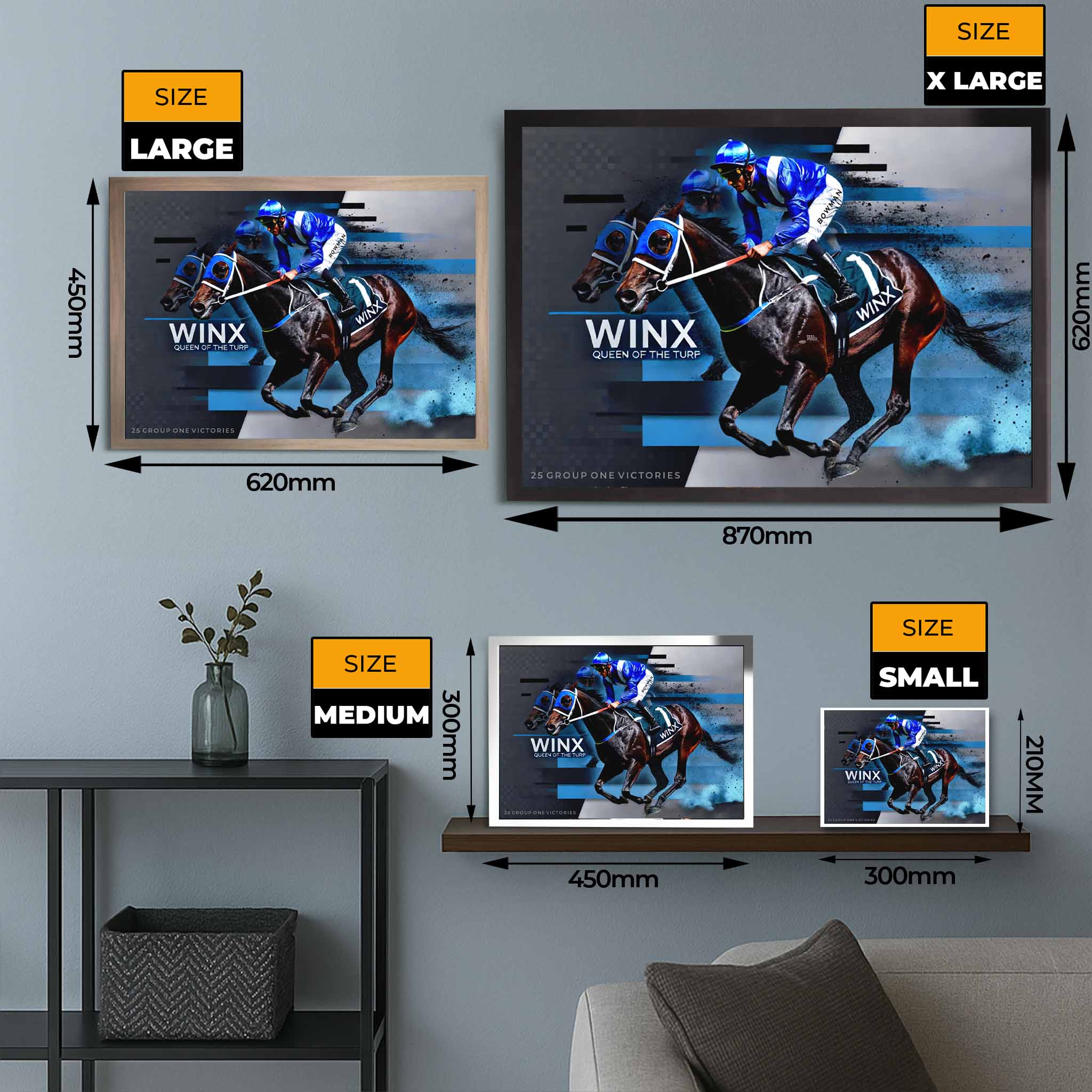Winx framed sports art size guide showing small, medium, large, and extra-large options, ideal for man cave wall décor planning.