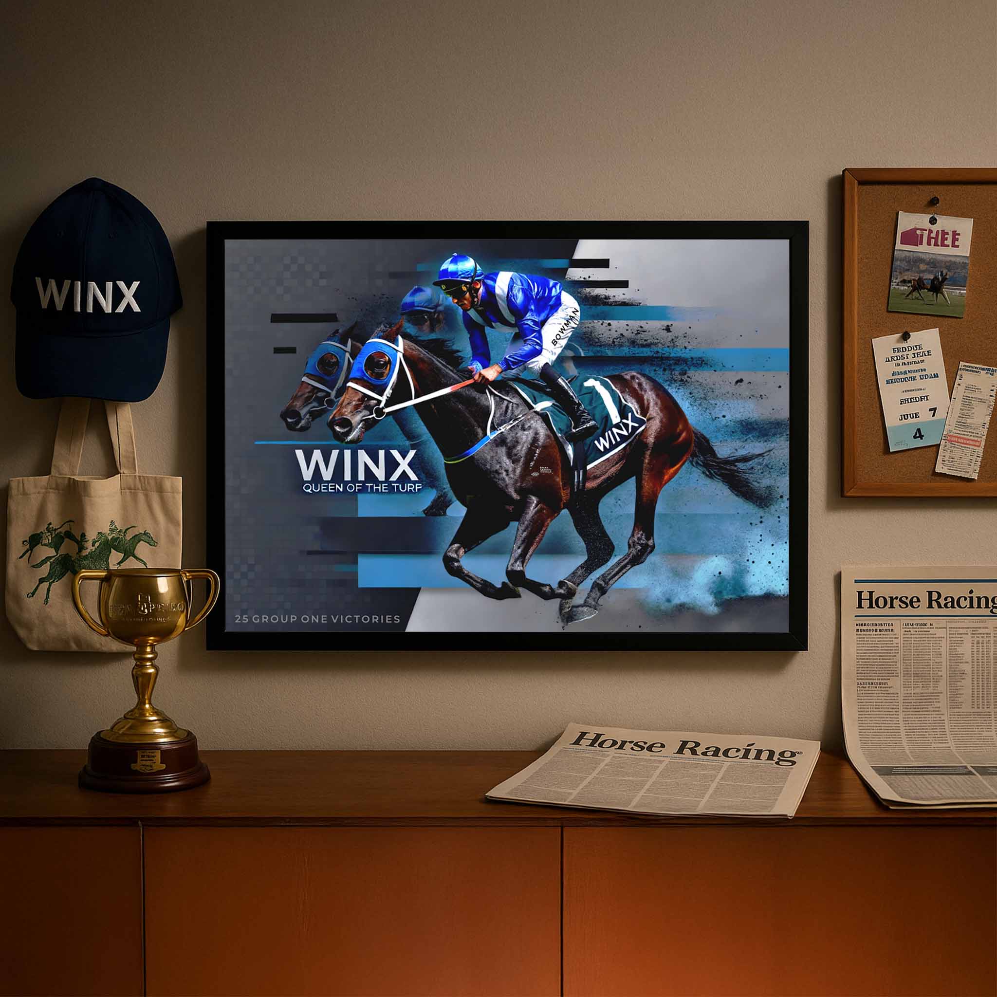 Framed sports art of Winx displayed with horse racing memorabilia, perfect for premium man cave wall art and collectors of racing history.