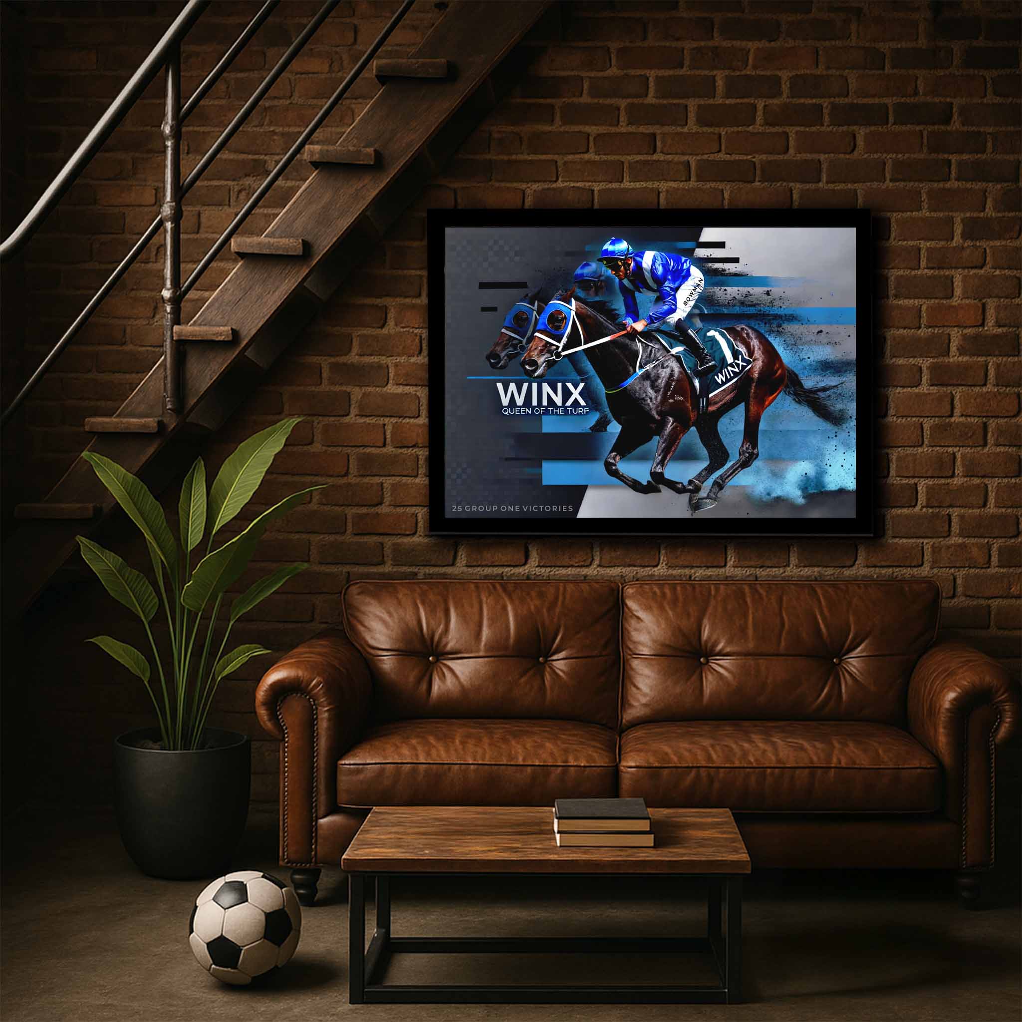 Winx horse racing memorabilia framed sports art displayed in a stylish man cave wall décor setup with leather sofa.