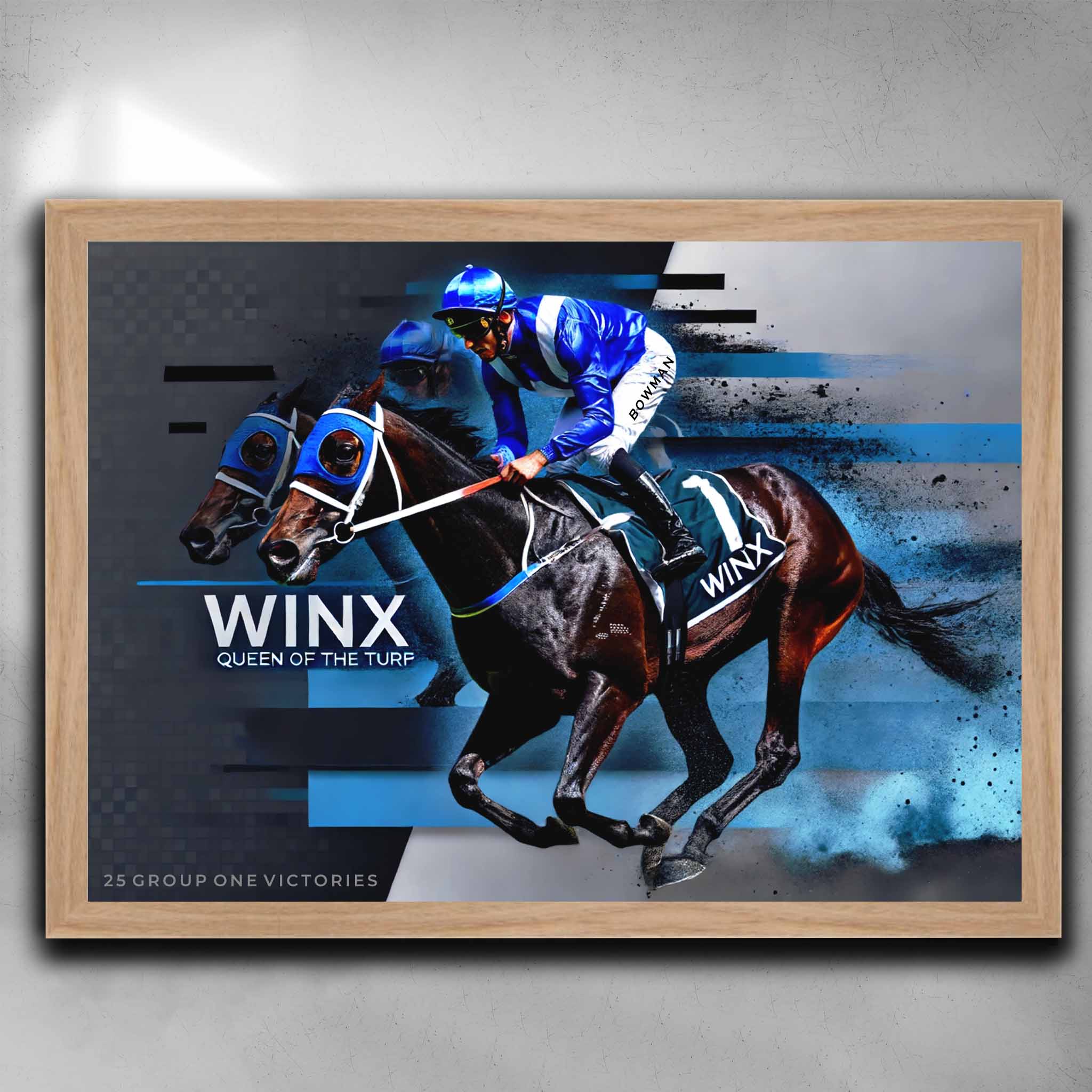 Premium framed sports memorabilia featuring Winx in oak frame, perfect for horse racing collectors and man cave wall art.