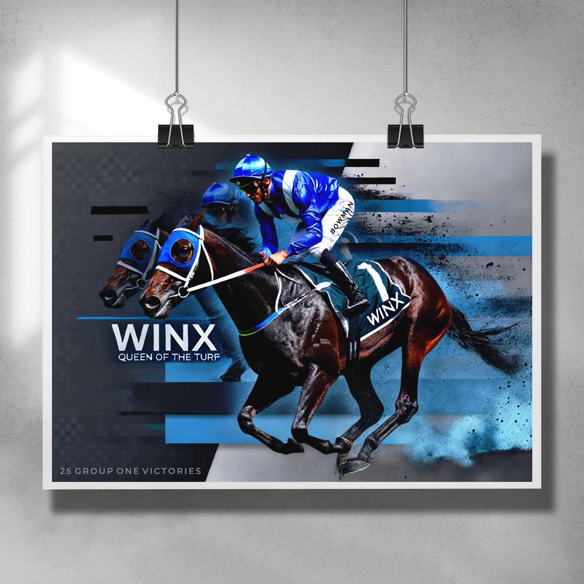 Limited edition sports prints featuring Winx horse racing poster, perfect for sports wall art collectors and man cave wall décor.