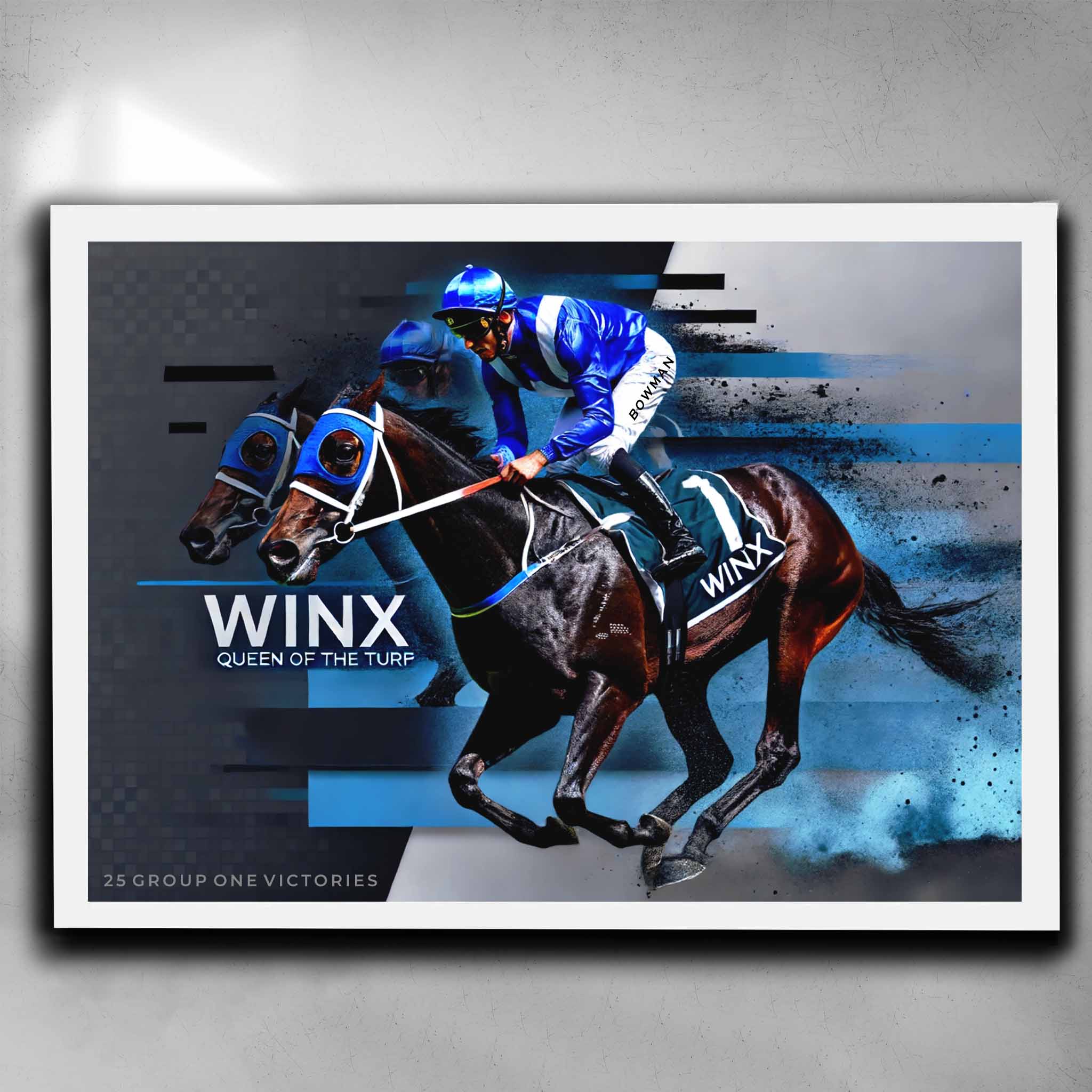 Custom sports wall art featuring Winx in white frame, perfect for premium horse racing memorabilia and man cave wall décor.