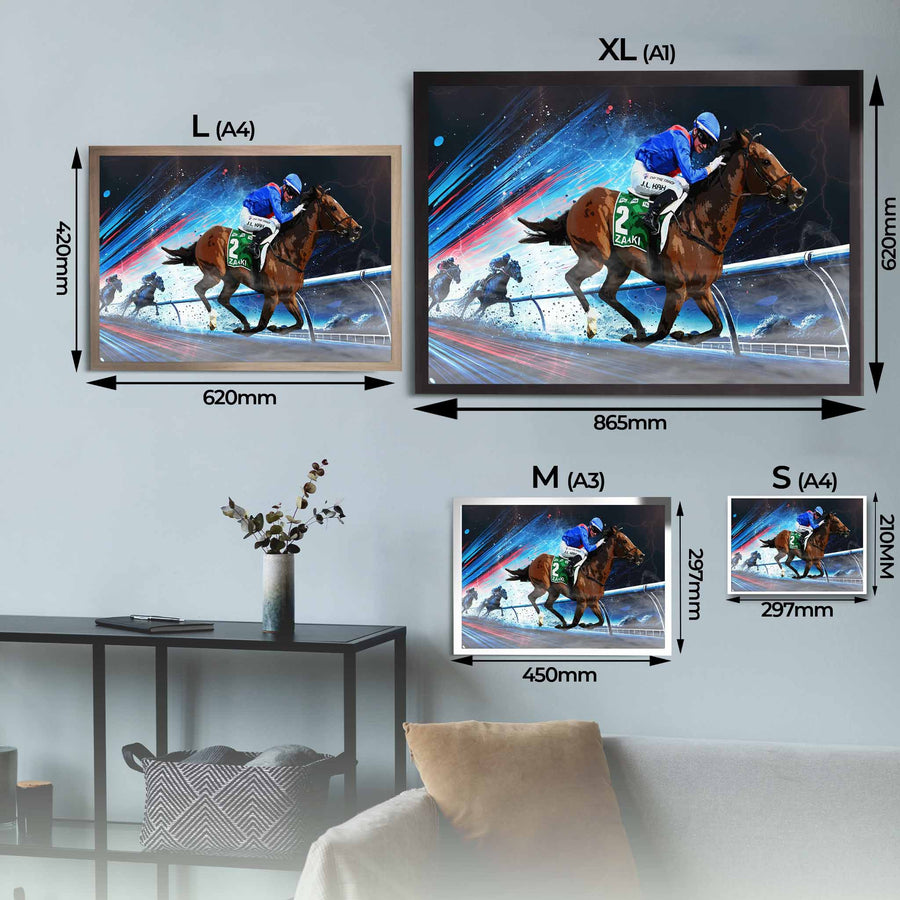 Zaaki Horse Racing Framed Art Sizing Guide.