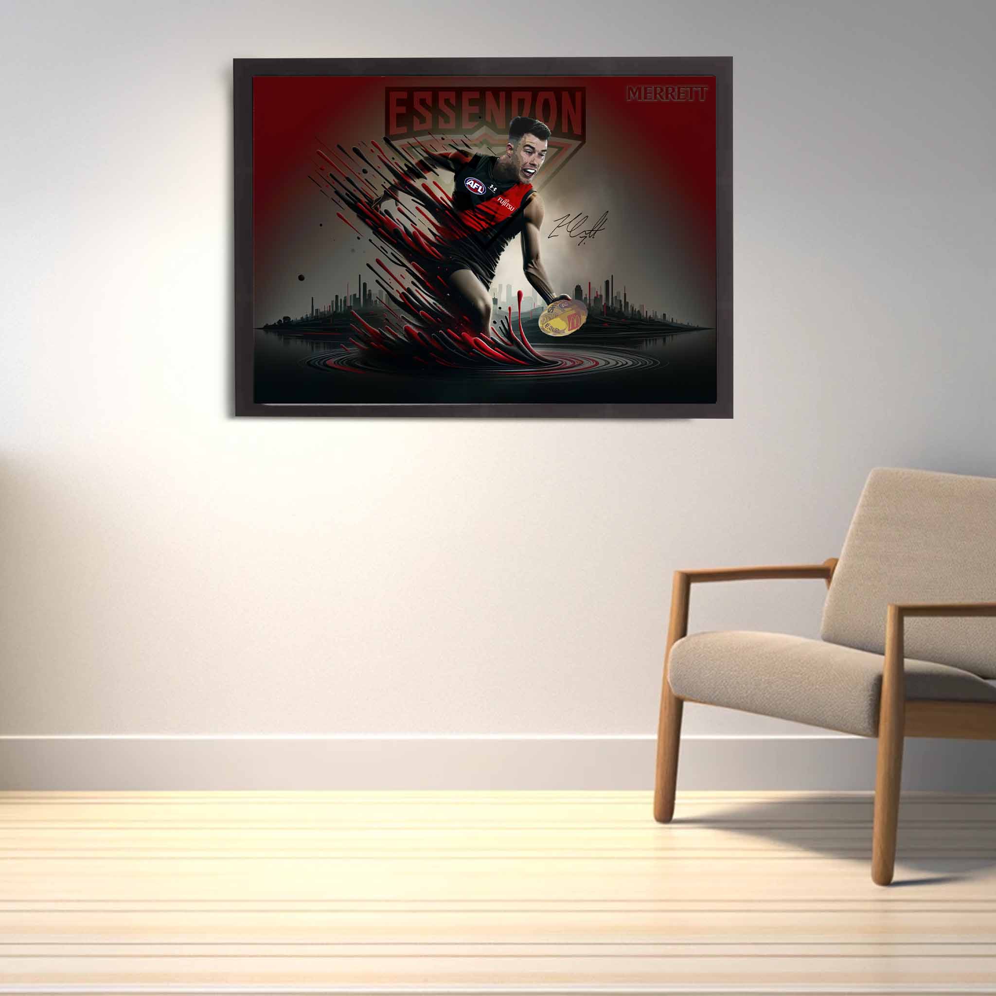 Essendon Bombers Fan Merchandise with Zach Merret Home Decor on display.