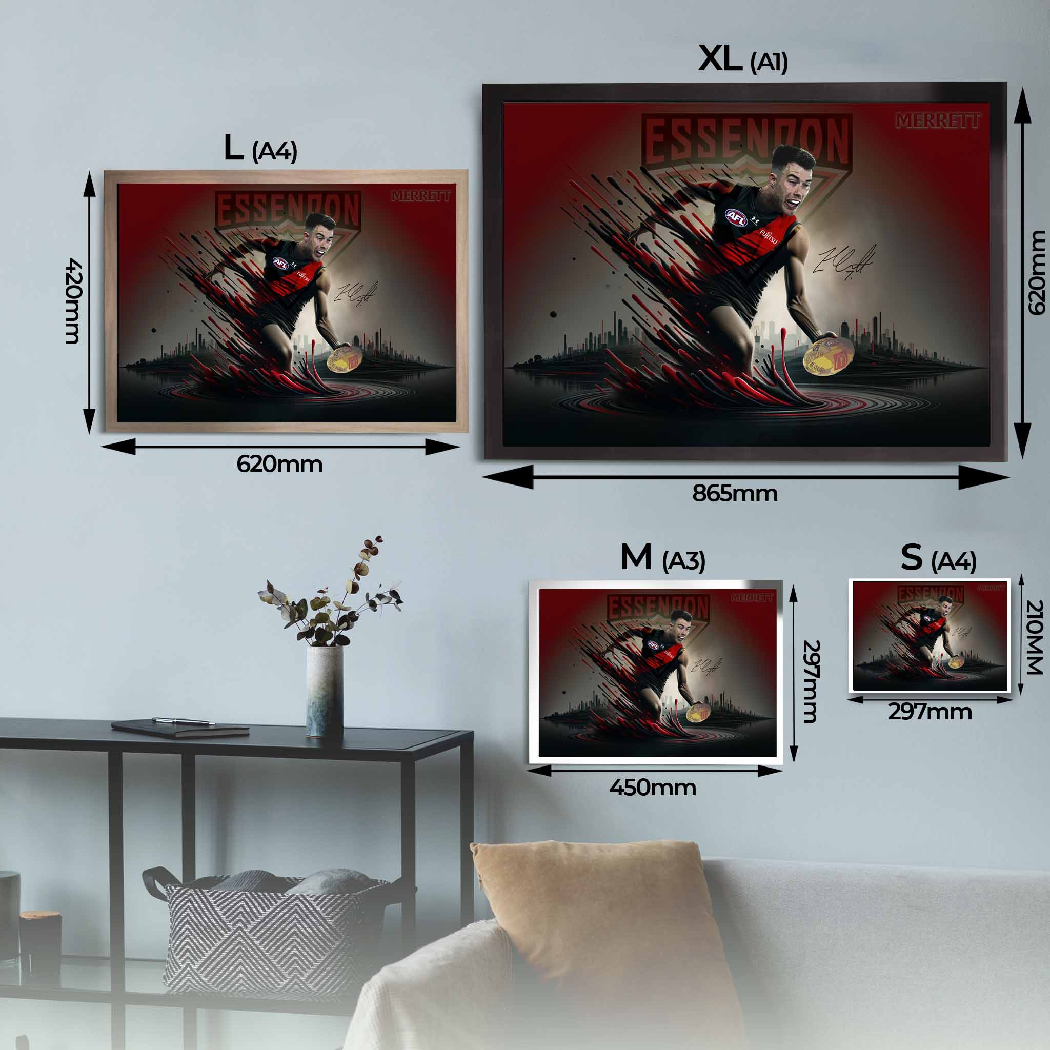 Framed Zach Merret poster sizing guide.