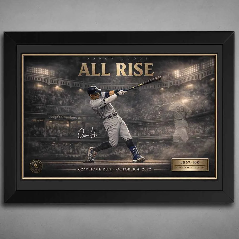 Aaron Judge “All Rise” print in sleek black frame highlighting his 62nd home run moment, premium framed sports art display