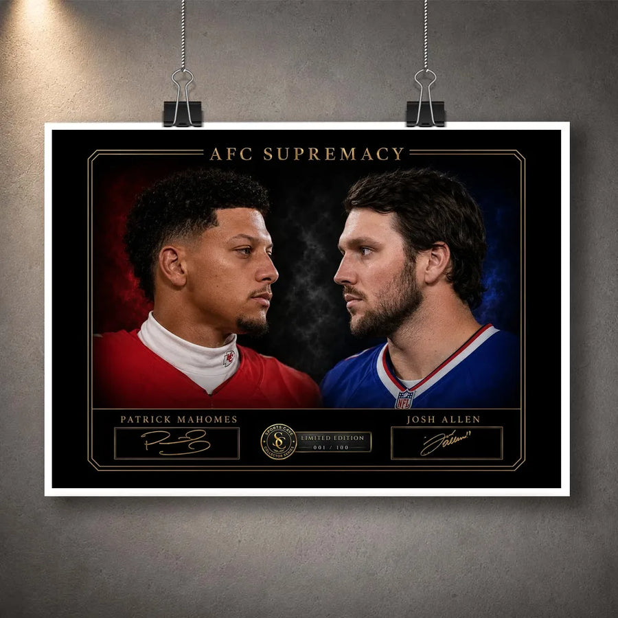 Unframed AFC Supremacy Patrick Mahomes vs Josh Allen NFL wall art design shown with a clean white print border.