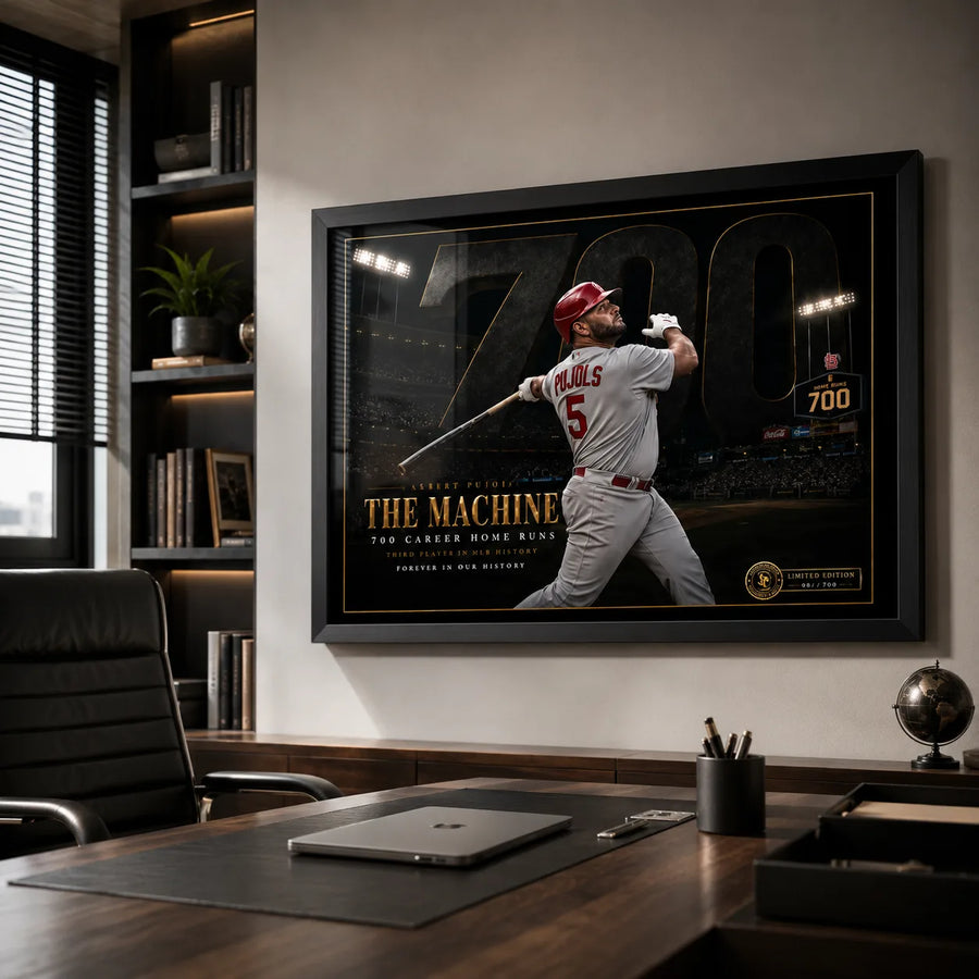 Albert Pujols 700 wall art in a modern office, shown in a black frame above a timber desk and leather chair.