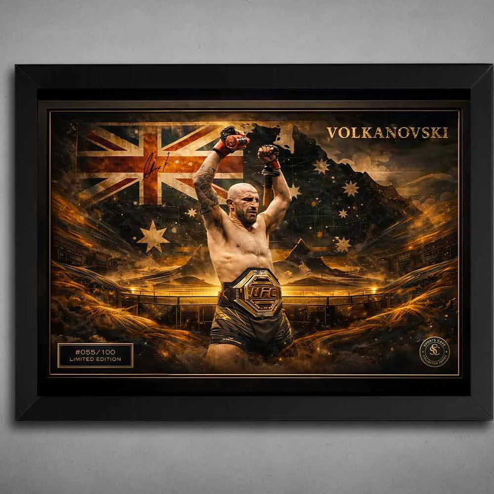 Alexander Volkanovski UFC champion artwork in a black frame, showcasing title victory and Australian pride as premium sports collectibles.