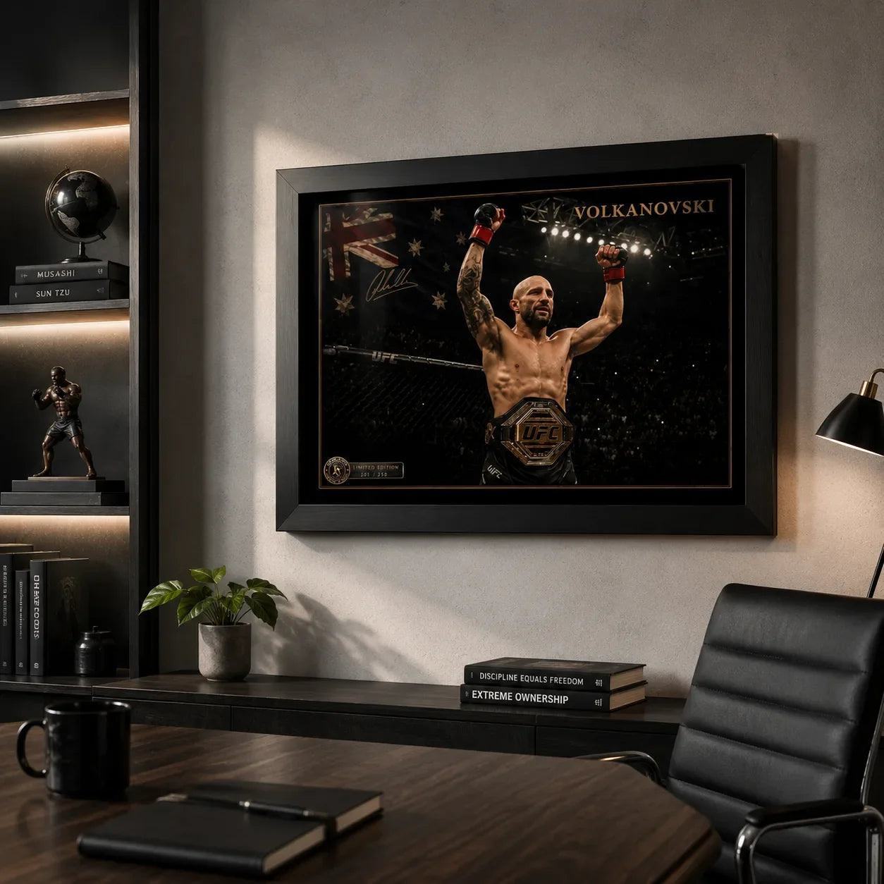Alexander Volkanovski combat wall art mounted in a premium office above a dark timber desk.