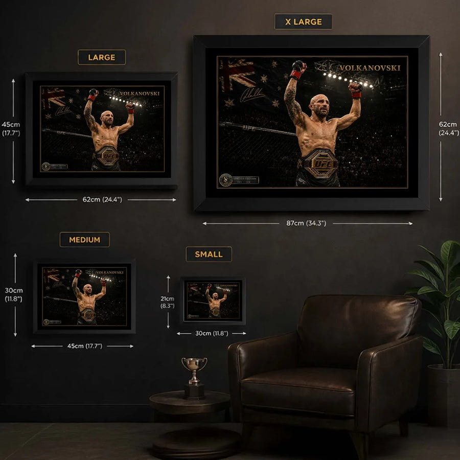 Alexander Volkanovski wall art size guide showing Small, Medium, Large and X Large framed dimensions.