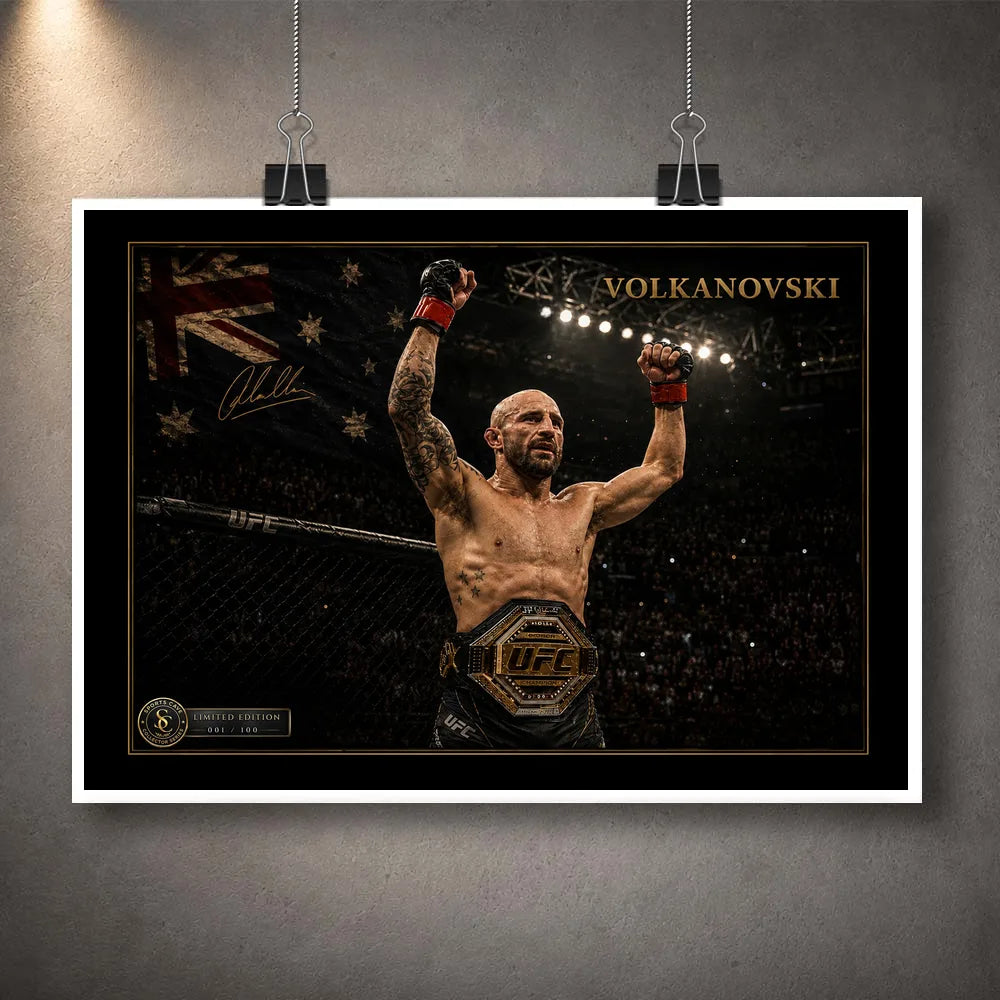 Unframed Alexander Volkanovski wall art print featuring the UFC champion with raised fists and title belt.