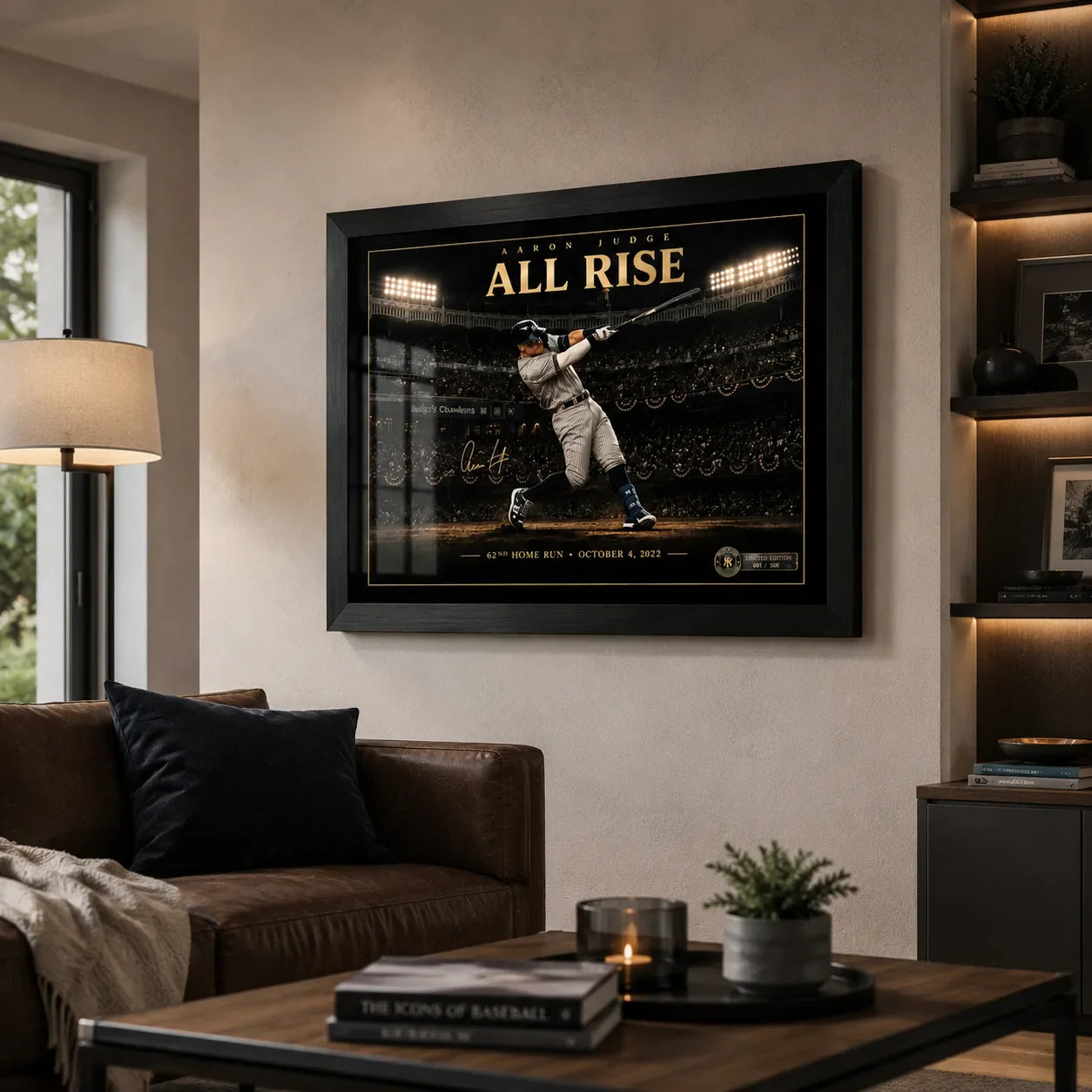 Aaron Judge All Rise baseball wall art displayed in a warm living room above a brown leather sofa