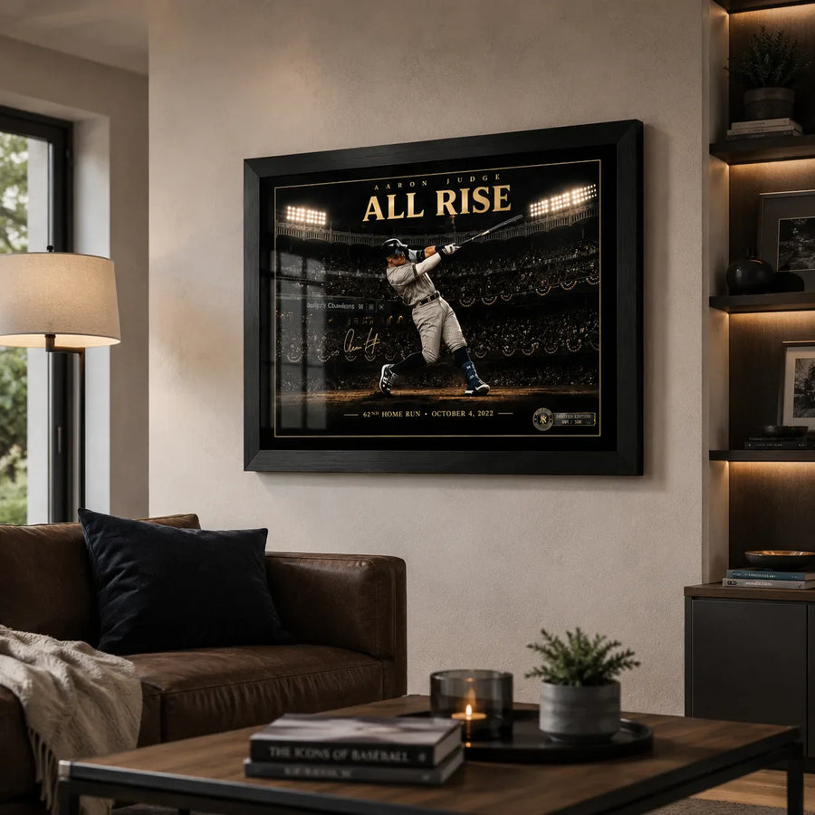 Aaron Judge All Rise baseball wall art displayed in a warm living room above a brown leather sofa