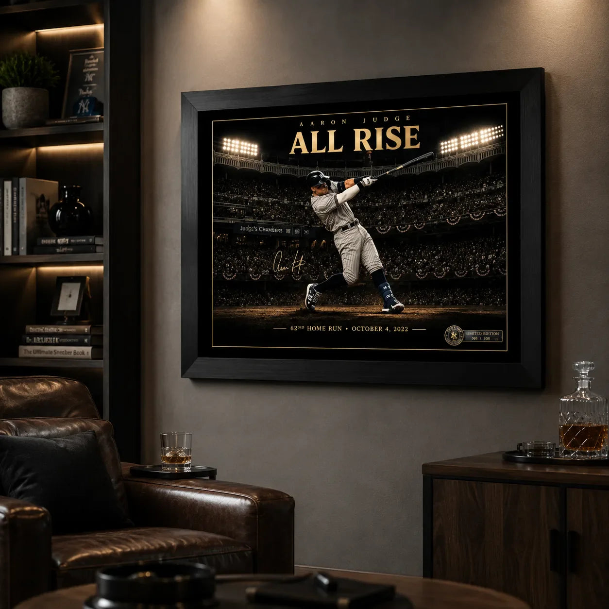 Black framed Aaron Judge All Rise baseball wall art in a dark premium man cave with leather seating