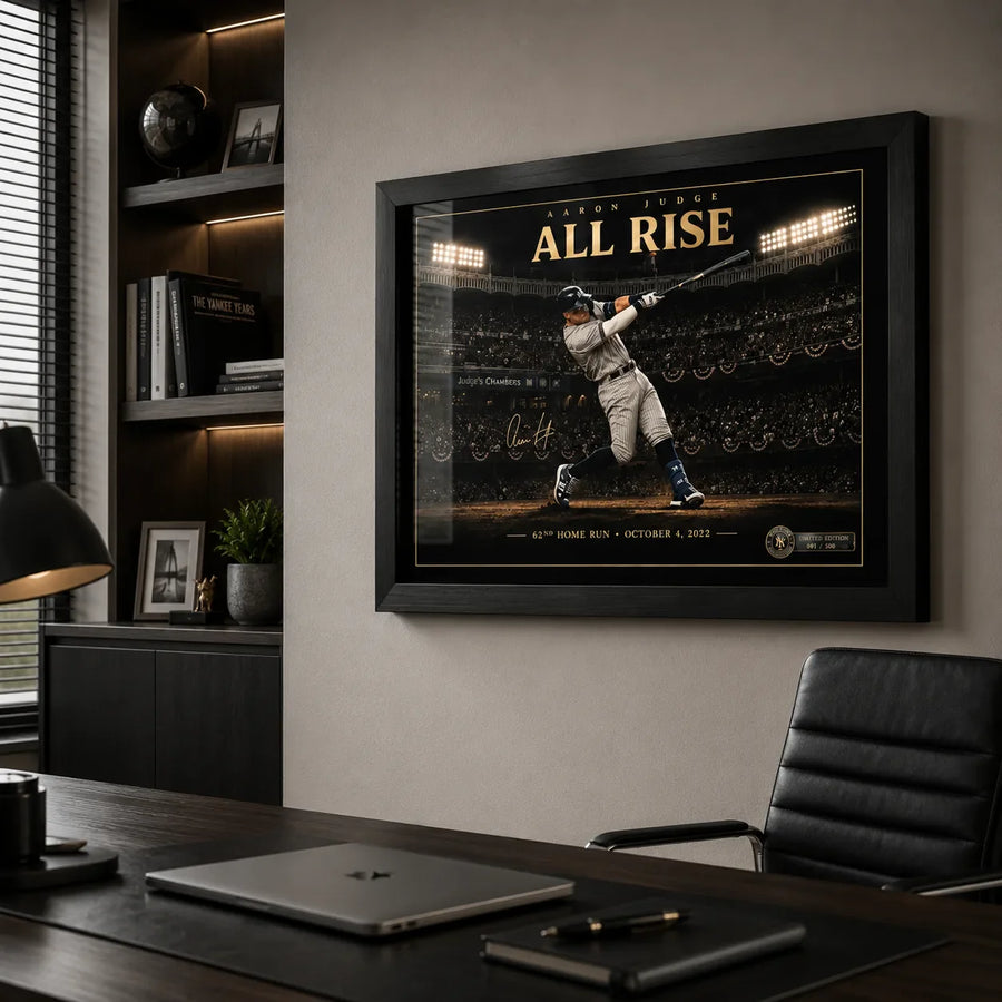 Aaron Judge All Rise baseball wall art displayed in a modern executive office above a dark timber desk