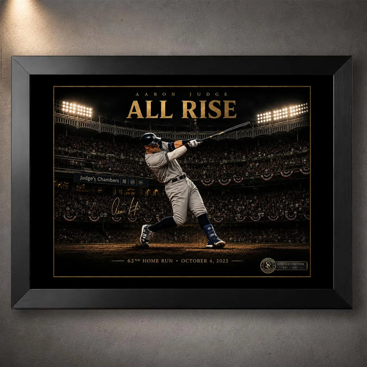 Black framed Aaron Judge All Rise baseball wall art showing his 62nd home run under stadium lights