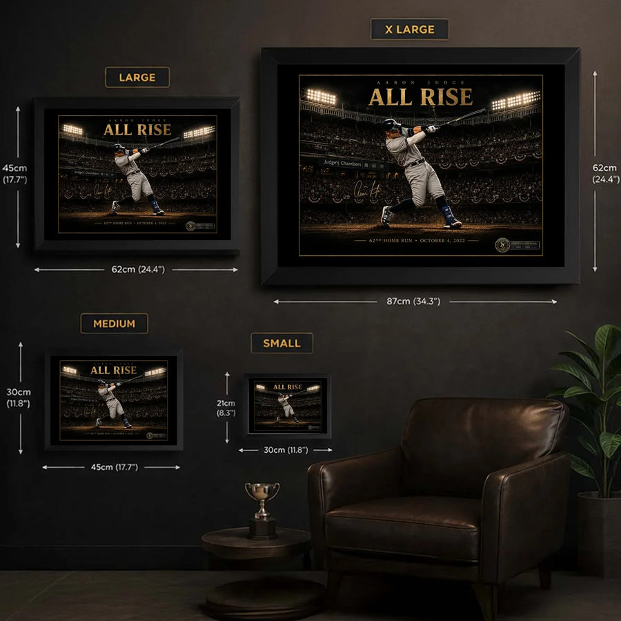 Aaron Judge All Rise framed baseball wall art size guide showing Small Medium Large and XL dimensions