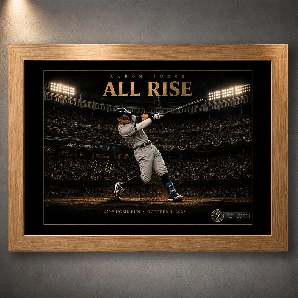 Oak framed Aaron Judge All Rise baseball wall art featuring his 62nd home run beneath stadium lights